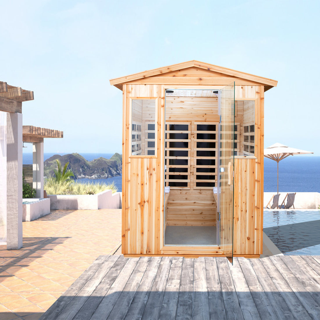 Four Person Old Fir Far Infrared Outdoor Sauna Room Natural Wood Wood Stainless Steel Glass