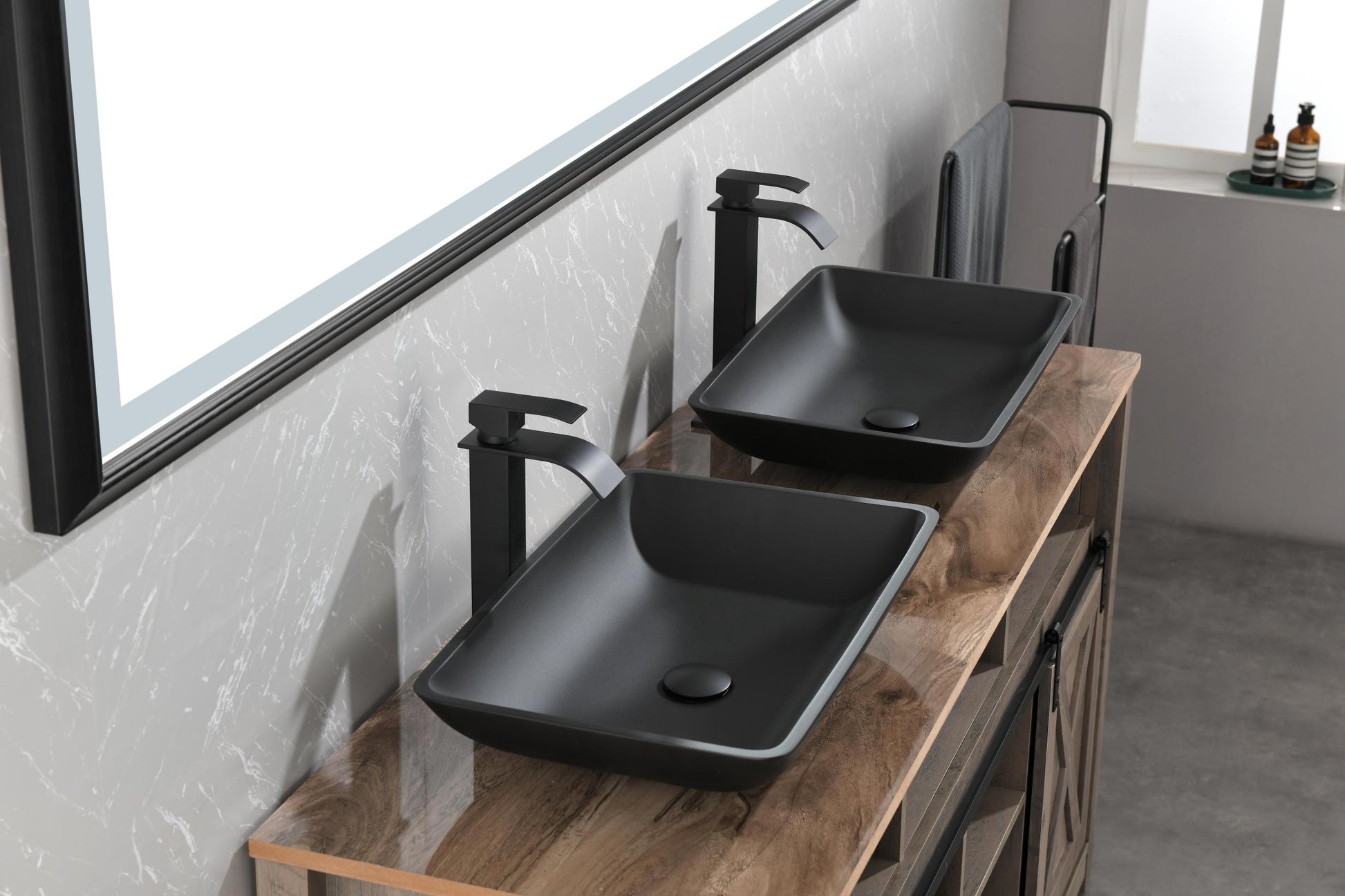 14.38" L 22.25" W 4 3 8 In. H Matte Shell Glass Rectangular Vessel Bathroom Sink In Black With Faucet And Pop Up Drain In Matte Black Matte Black Glass