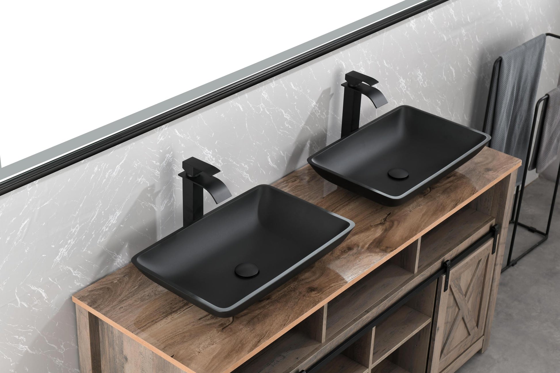 14.38" L 22.25" W 4 3 8 In. H Matte Shell Glass Rectangular Vessel Bathroom Sink In Black With Faucet And Pop Up Drain In Matte Black Matte Black Glass