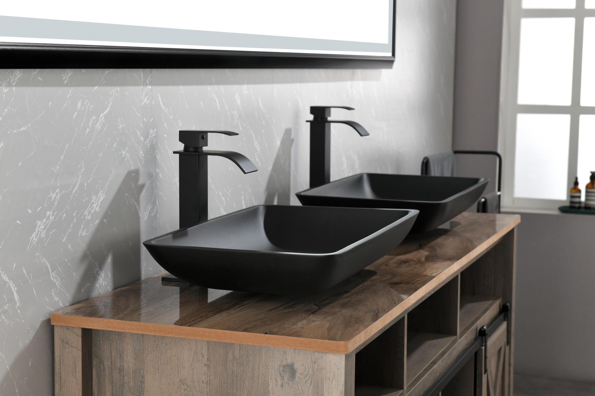 14.38" L 22.25" W 4 3 8 In. H Matte Shell Glass Rectangular Vessel Bathroom Sink In Black With Faucet And Pop Up Drain In Matte Black Matte Black Glass