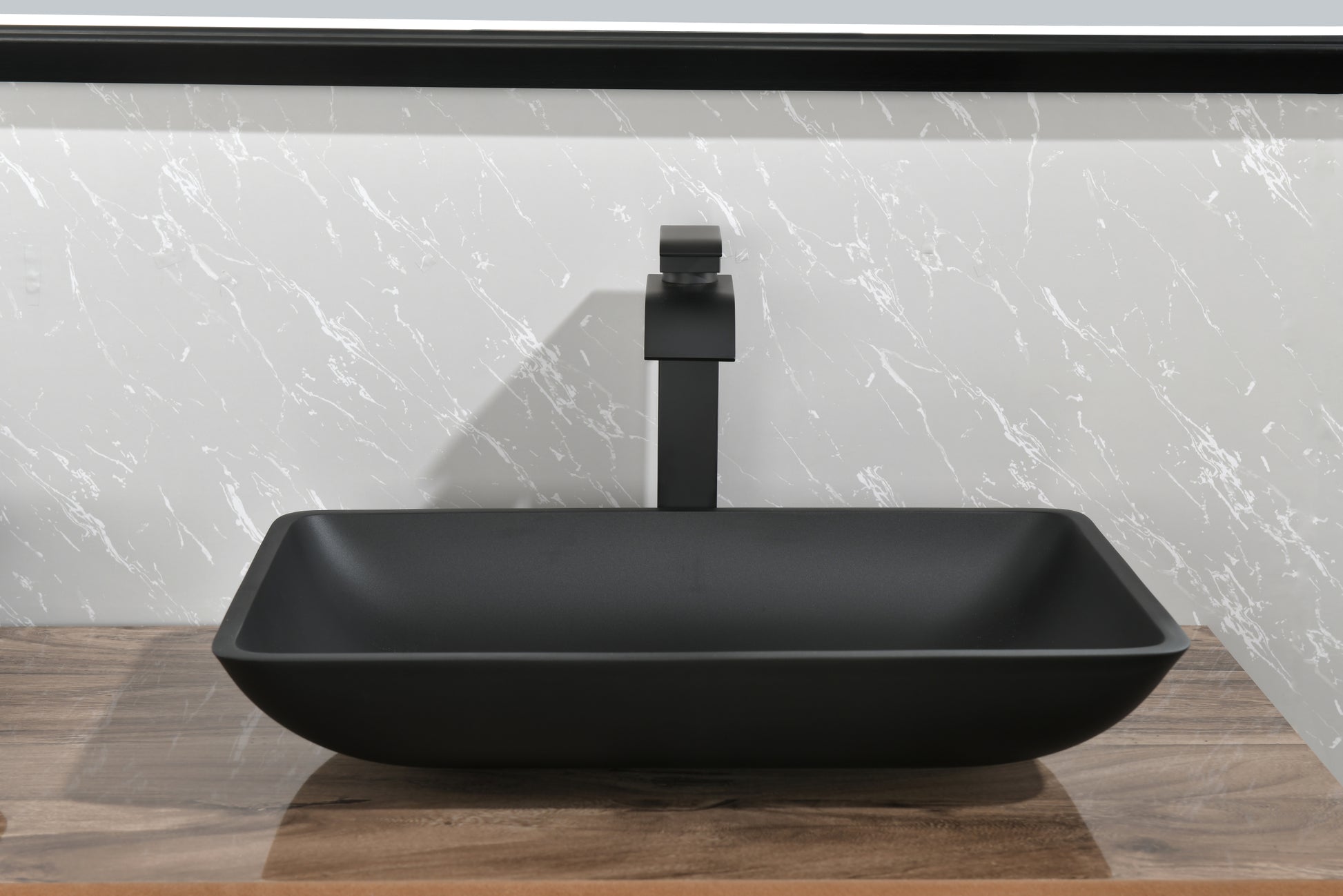 14.38" L 22.25" W 4 3 8 In. H Matte Shell Glass Rectangular Vessel Bathroom Sink In Black With Faucet And Pop Up Drain In Matte Black Matte Black Glass