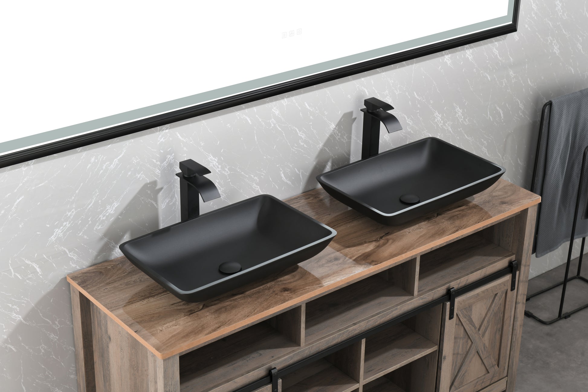 14.38" L 22.25" W 4 3 8 In. H Matte Shell Glass Rectangular Vessel Bathroom Sink In Black With Faucet And Pop Up Drain In Matte Black Matte Black Glass