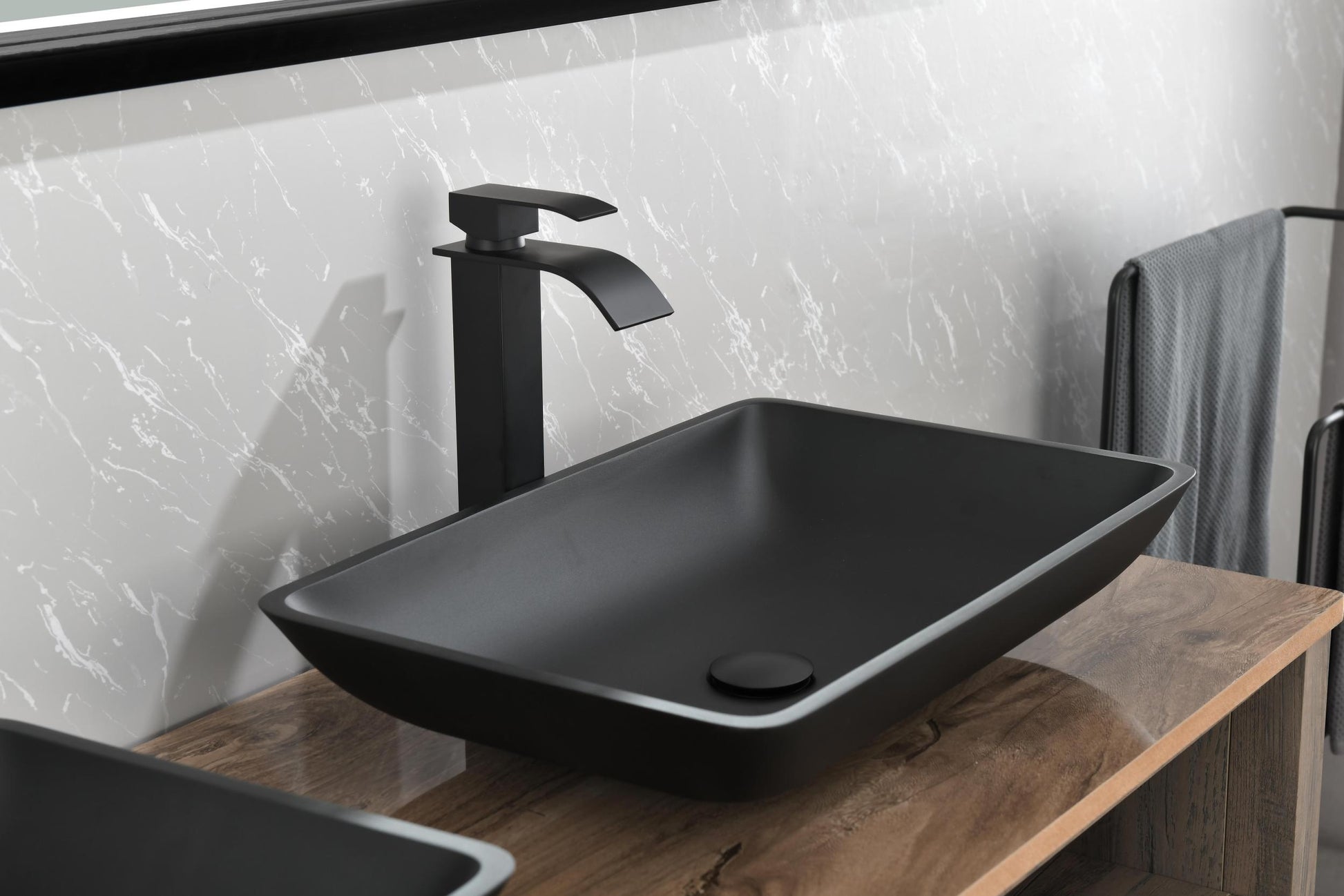 14.38" L 22.25" W 4 3 8 In. H Matte Shell Glass Rectangular Vessel Bathroom Sink In Black With Faucet And Pop Up Drain In Matte Black Matte Black Glass