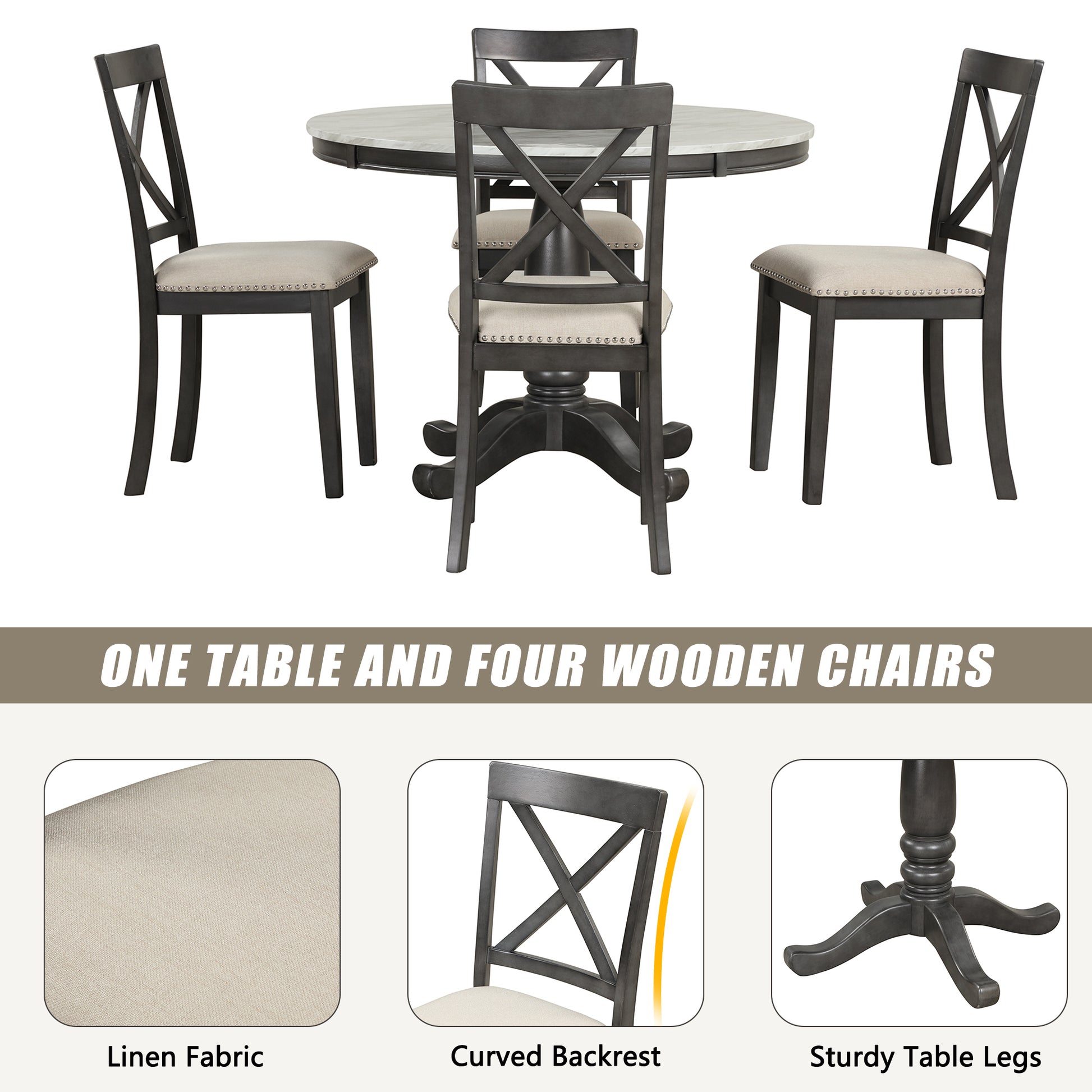 Orisfur. 5 Pieces Dining Table And Chairs Set For 4 Persons, Kitchen Room Solid Wood Table With 4 Chairs Gray Mdf Solid Wood