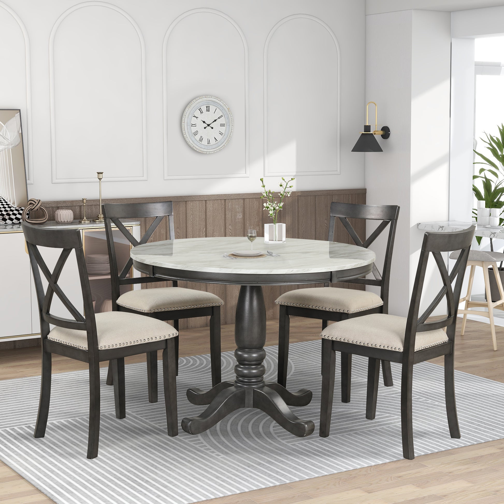 Orisfur. 5 Pieces Dining Table And Chairs Set For 4 Persons, Kitchen Room Solid Wood Table With 4 Chairs Gray Mdf Solid Wood