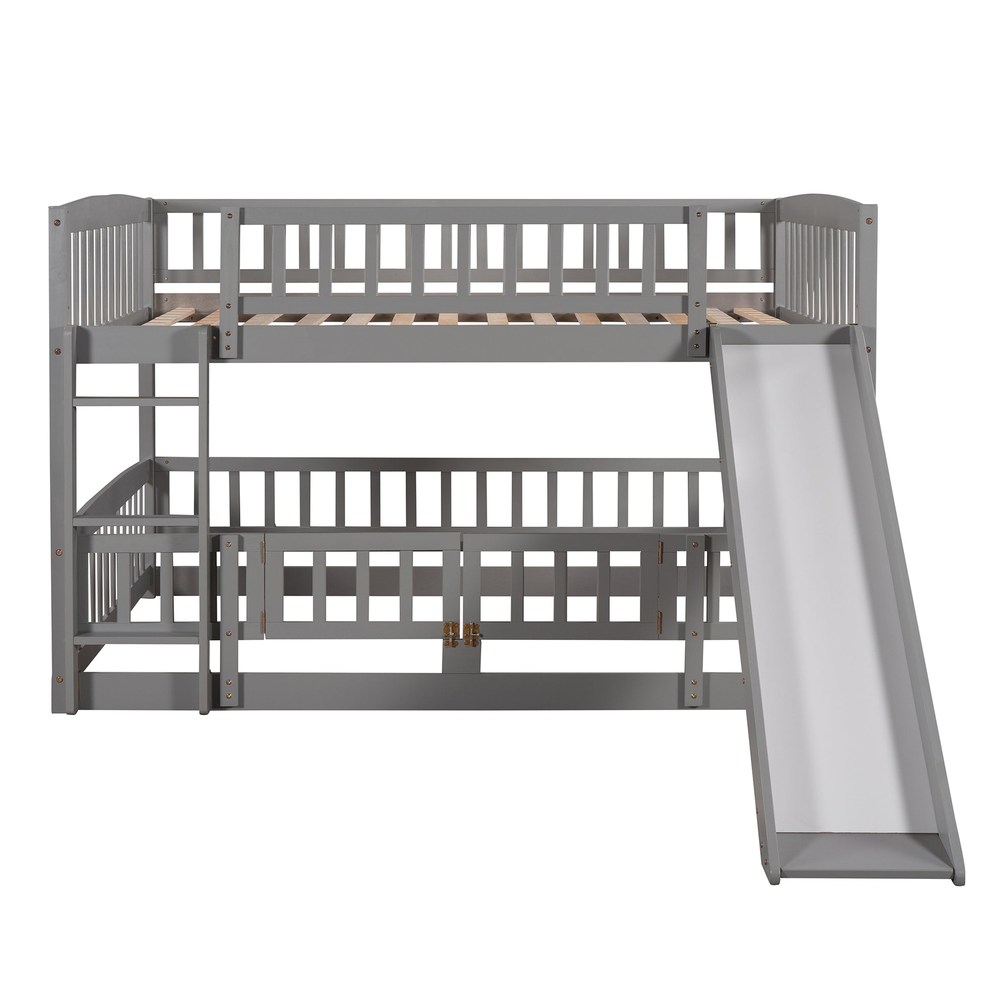 Bunk Bed with Slide,Full Over Full Low Bunk Bed with gray-solid wood