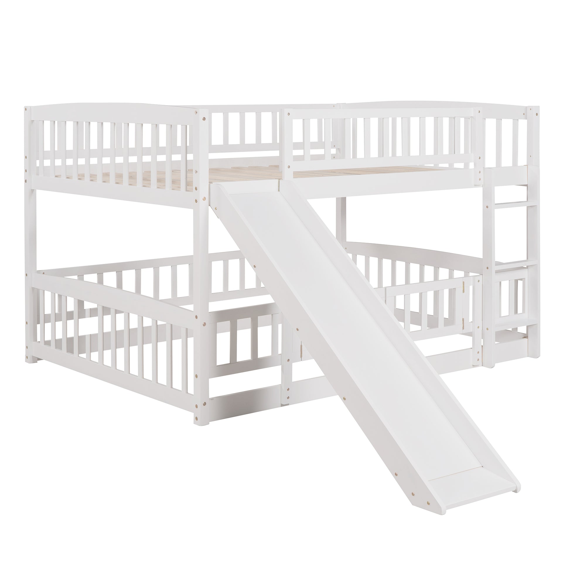 Bunk Bed with Slide,Full Over Full Low Bunk Bed with white-solid wood