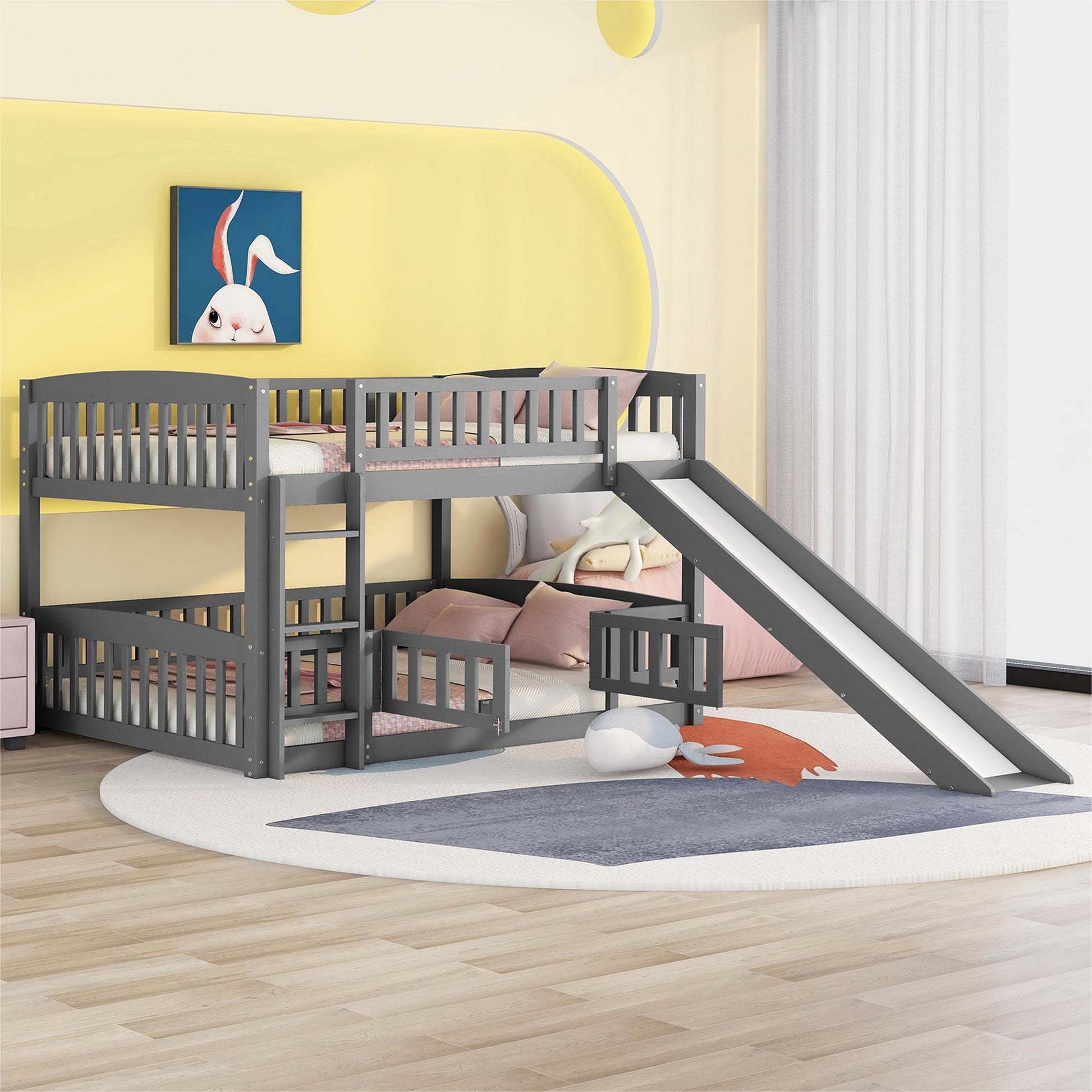 Bunk Bed with Slide,Full Over Full Low Bunk Bed with gray-solid wood