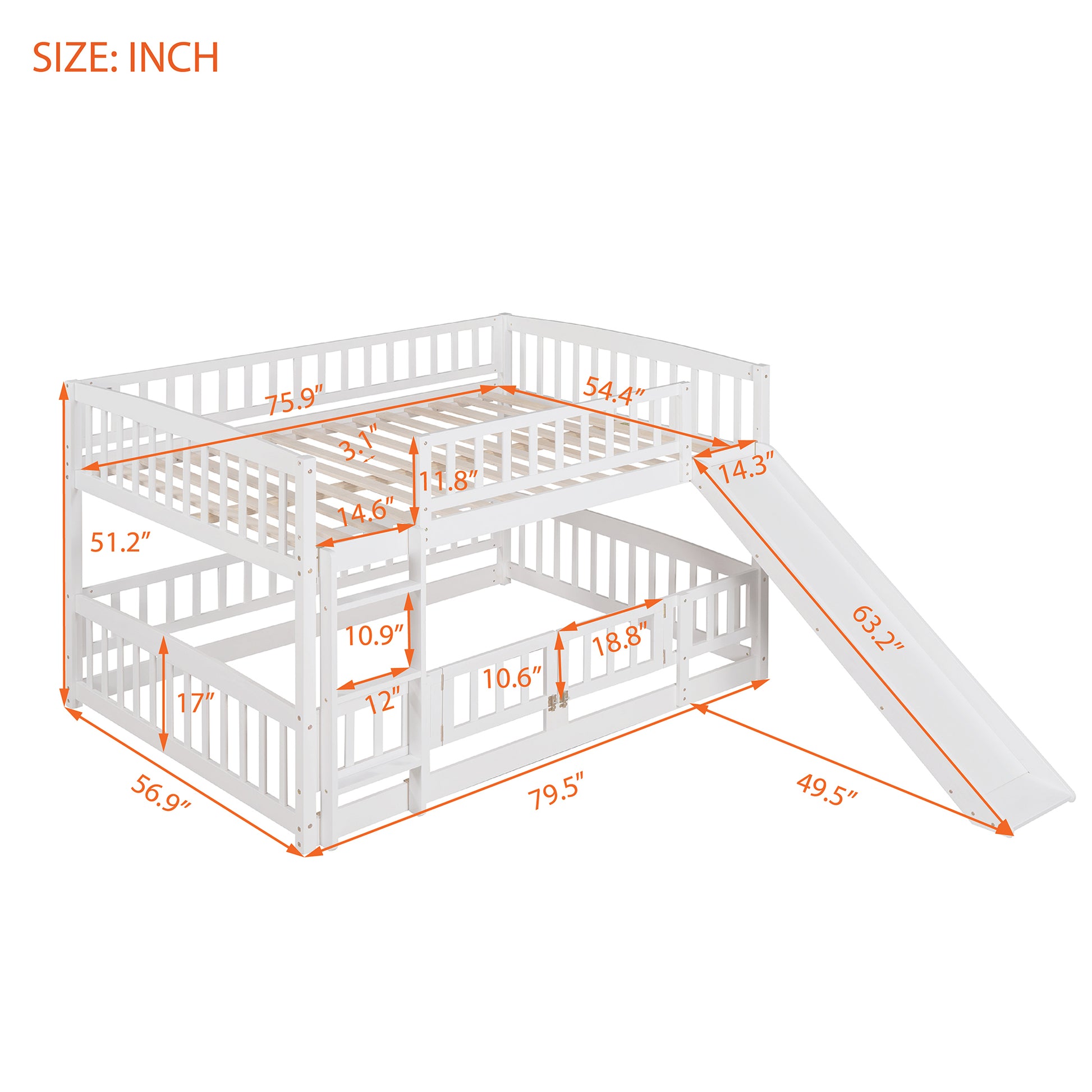 Bunk Bed with Slide,Full Over Full Low Bunk Bed with white-solid wood