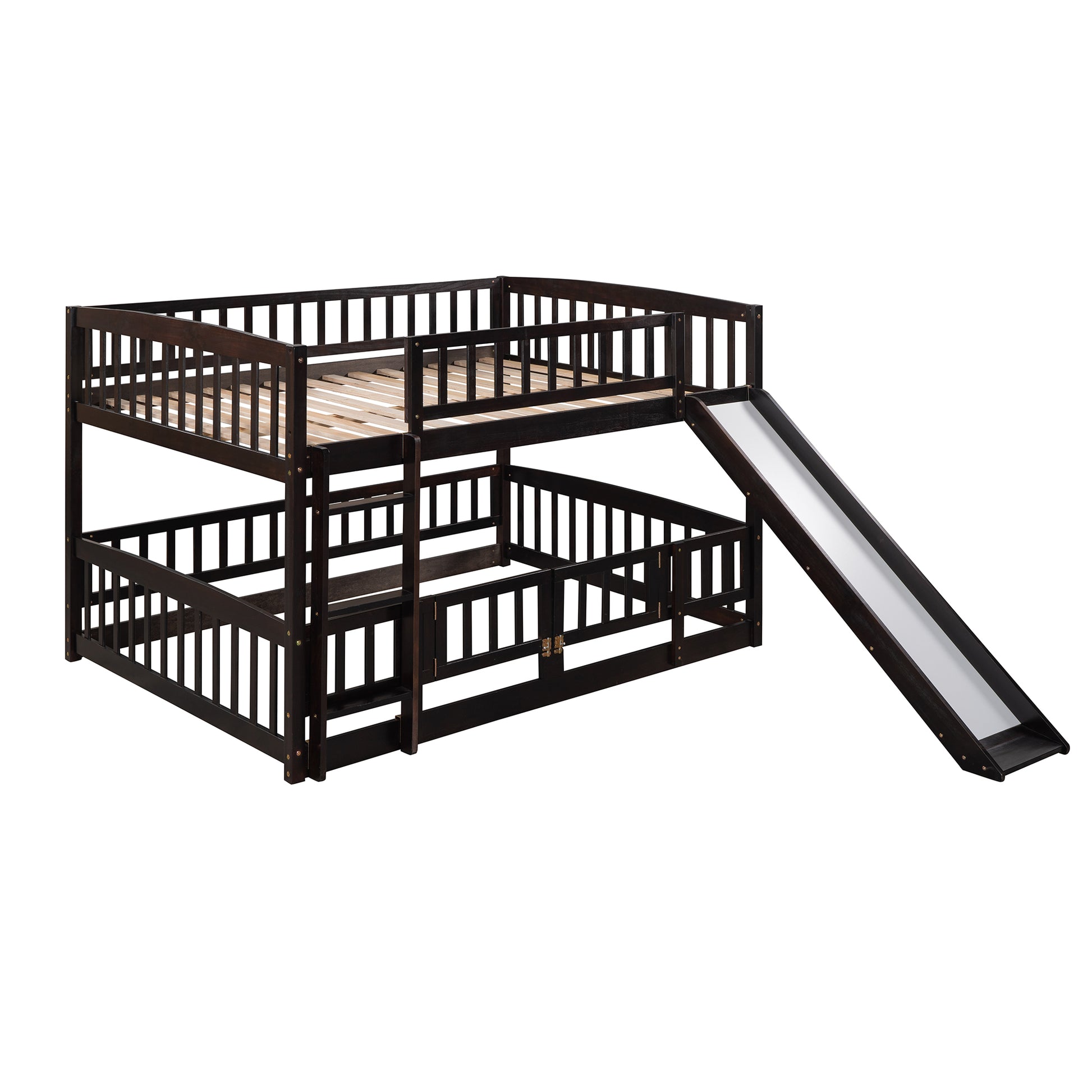 Bunk Bed with Slide,Full Over Full Low Bunk Bed with espresso-solid wood