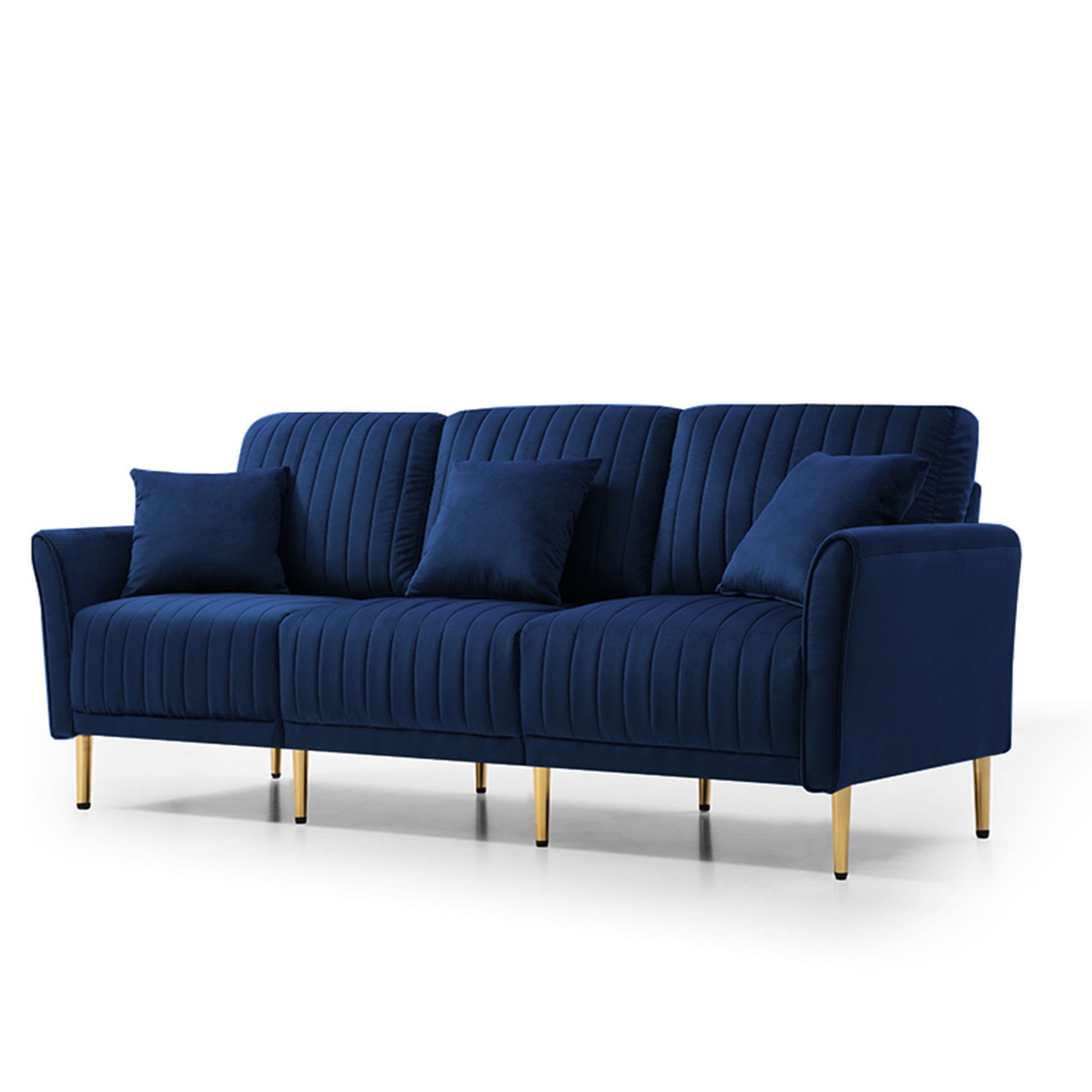 Modern Velvet Upholstered Reversible Sectional 3 Seat Sofal Shaped Couch With Movable Ottoman And Gold Legs For Living Room Blue Blue Foam Velvet