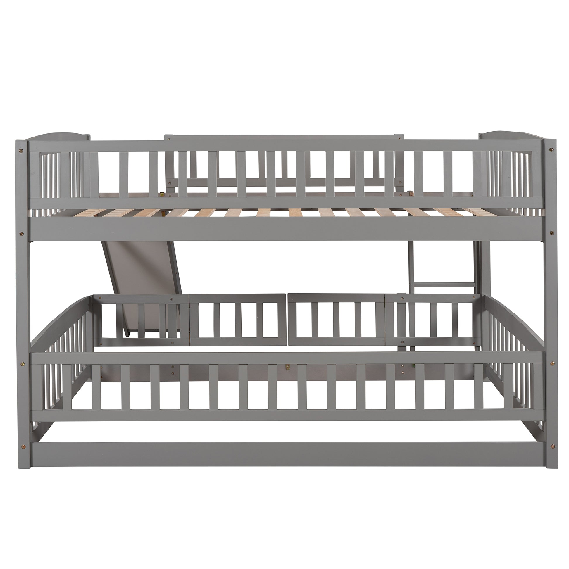 Bunk Bed with Slide,Full Over Full Low Bunk Bed with gray-solid wood