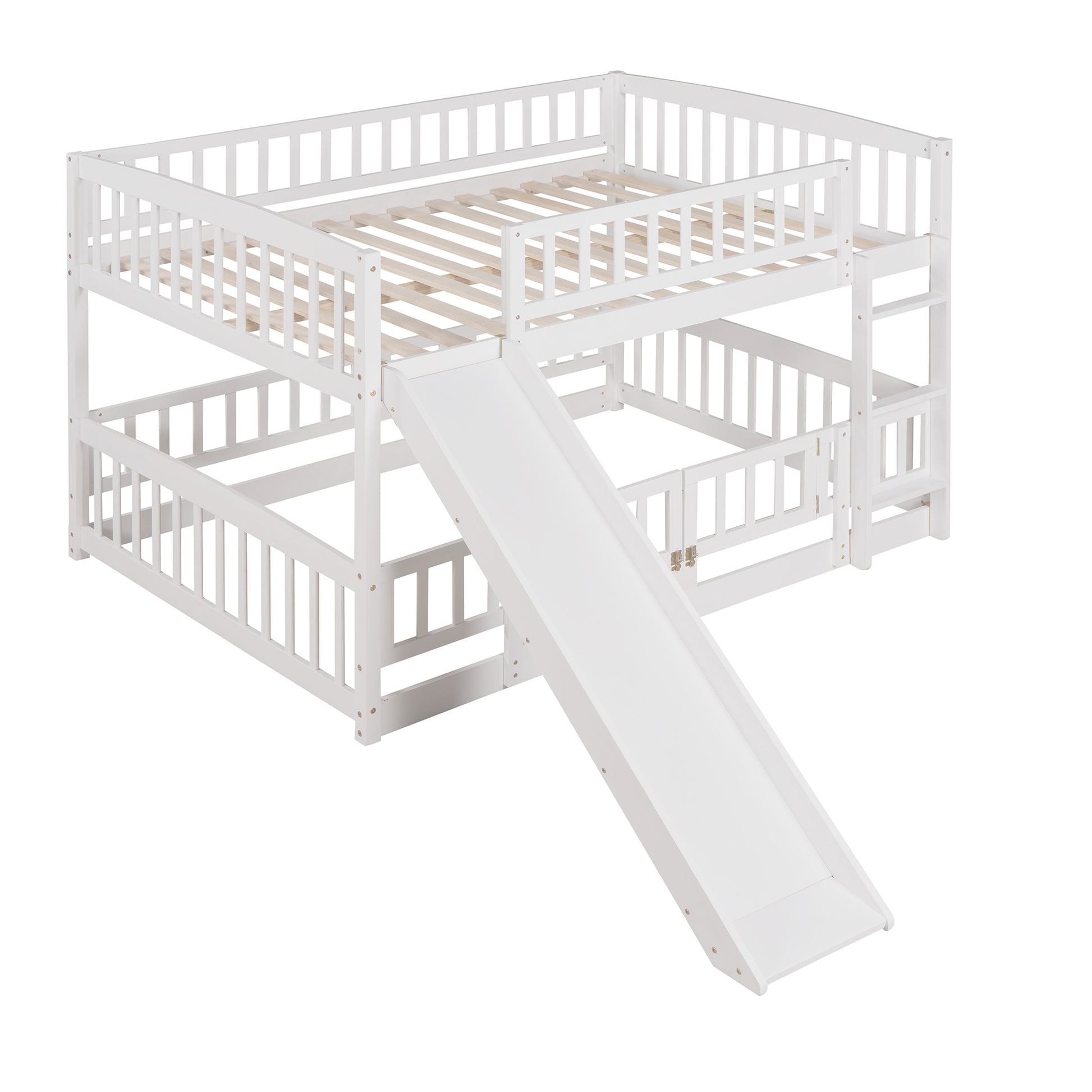 Bunk Bed with Slide,Full Over Full Low Bunk Bed with white-solid wood