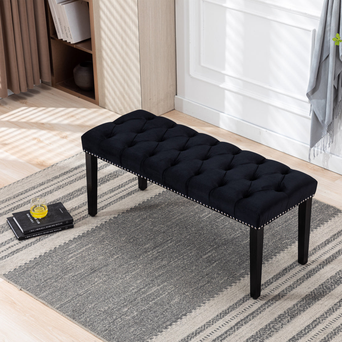 Heng Ming Upholstered Tufted Bench Ottomanvelvet Dining Bench Bedroom Bench Footrest Stool Accent Bench For Entryway Dining Room Living Room, Black Black Velvet