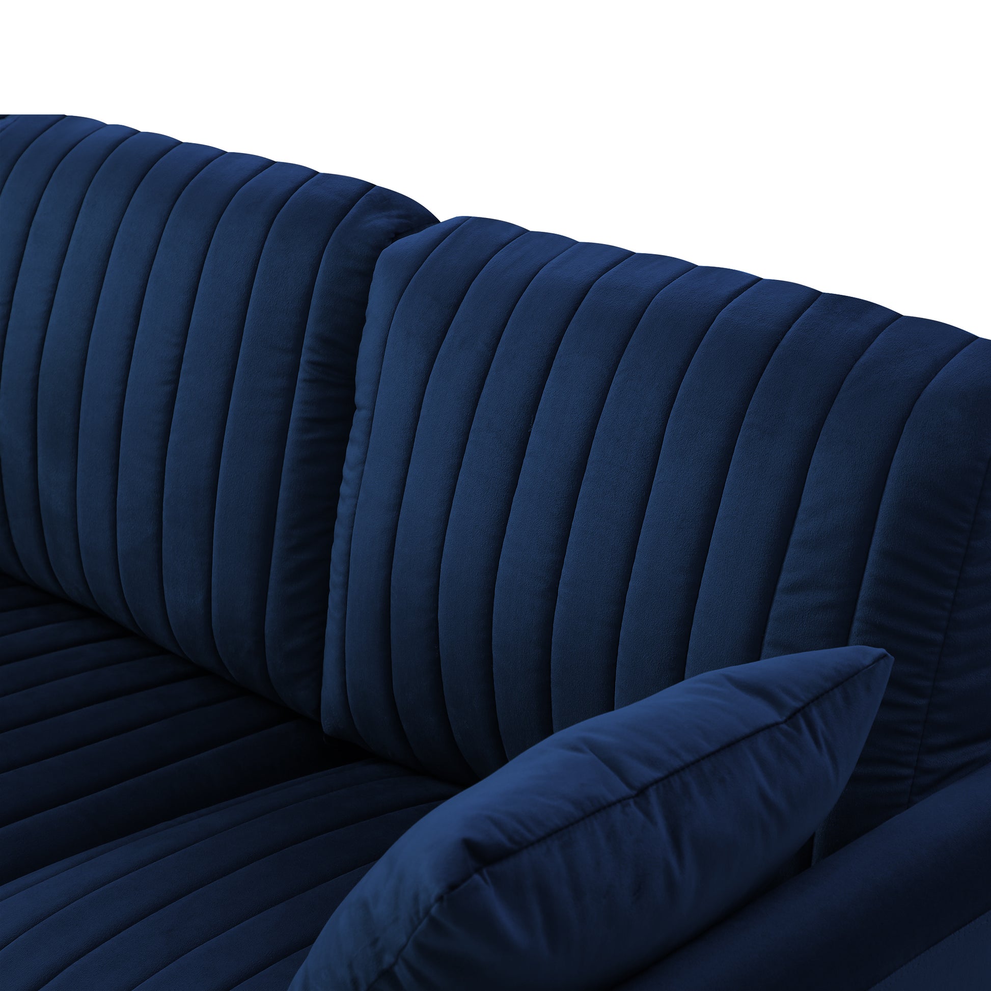 81.9" Navy Blue Velvet Channel Tufted Upholstered 3 Seater Sofa Scrolled Arms With 3 Pillows Blue Foam Velvet