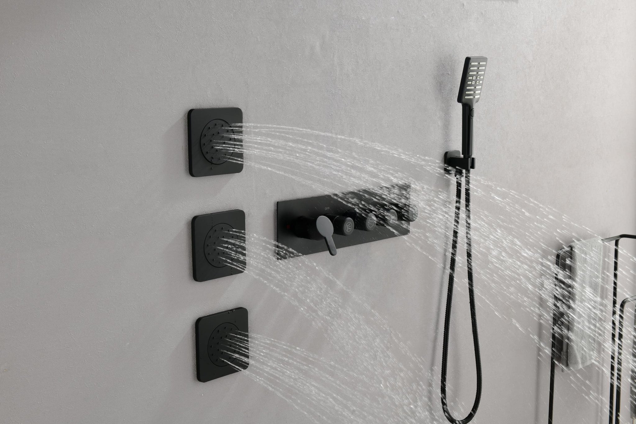 Wall Mounted Waterfall Rain Shower System With 3 Body matt black-brass