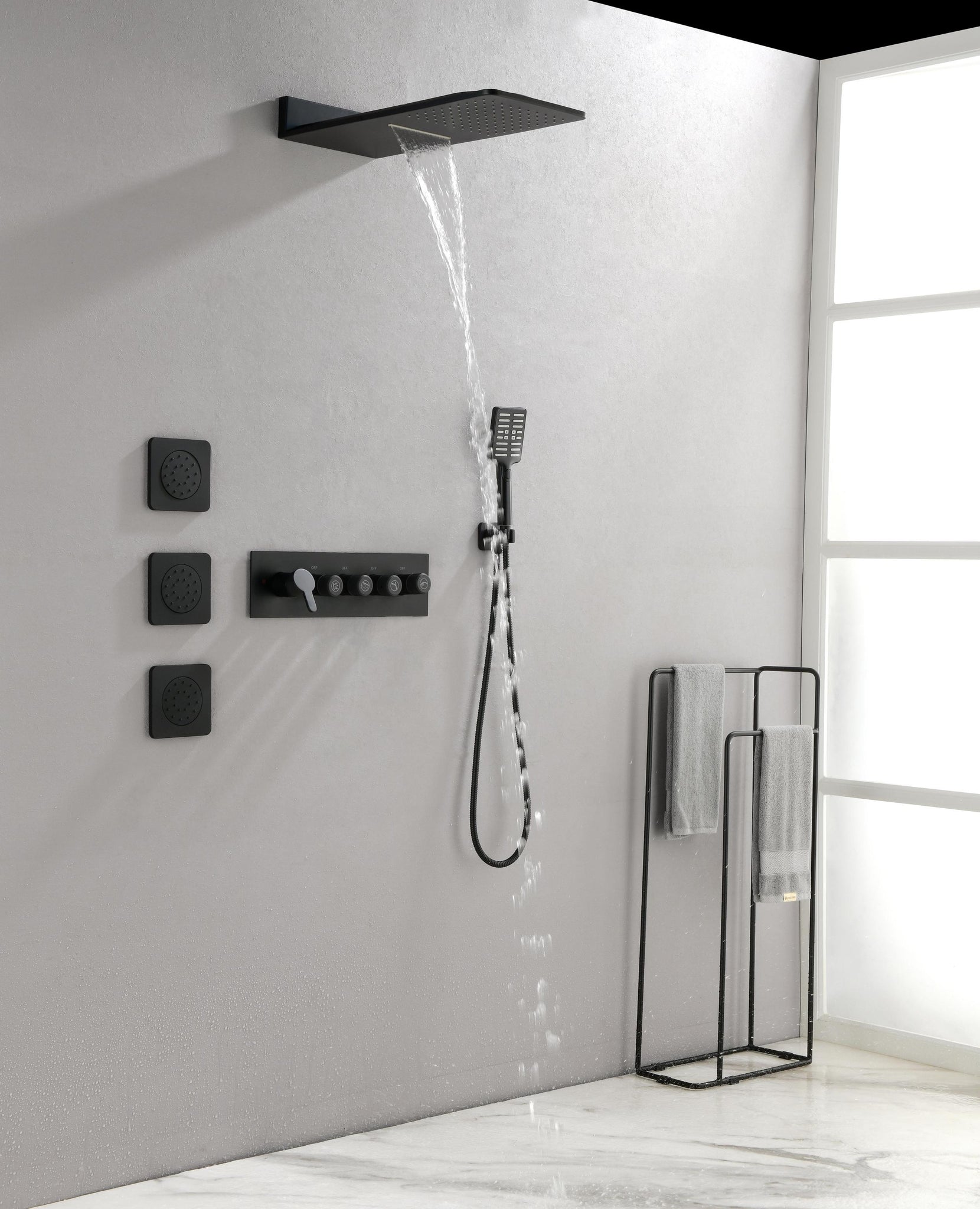 Wall Mounted Waterfall Rain Shower System With 3 Body matt black-brass