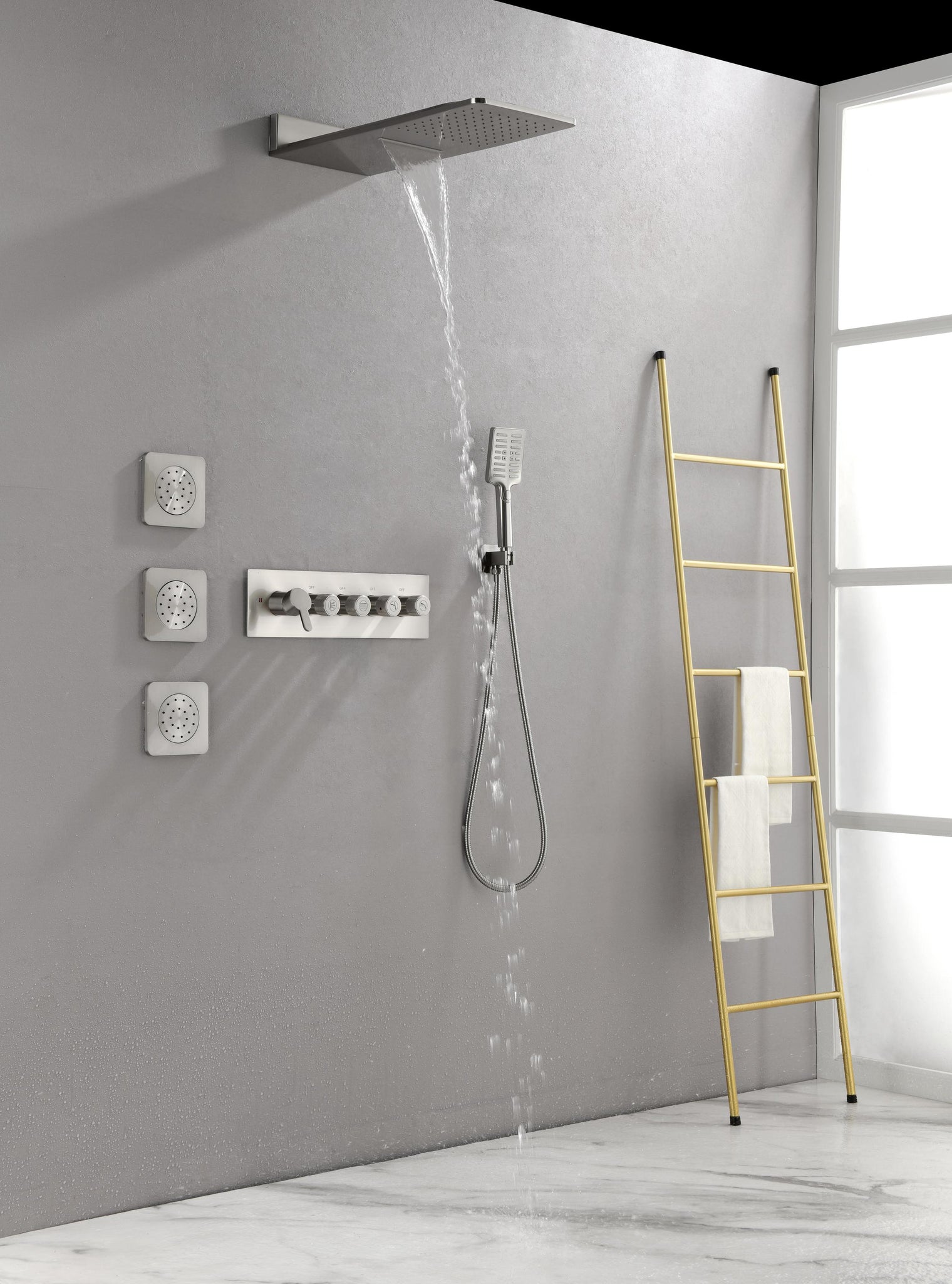 Wall Mounted Waterfall Rain Shower System With 3 Body brushed nickel-brass