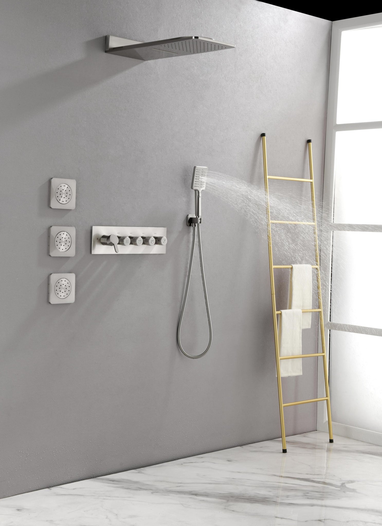 Wall Mounted Waterfall Rain Shower System With 3 Body brushed nickel-brass