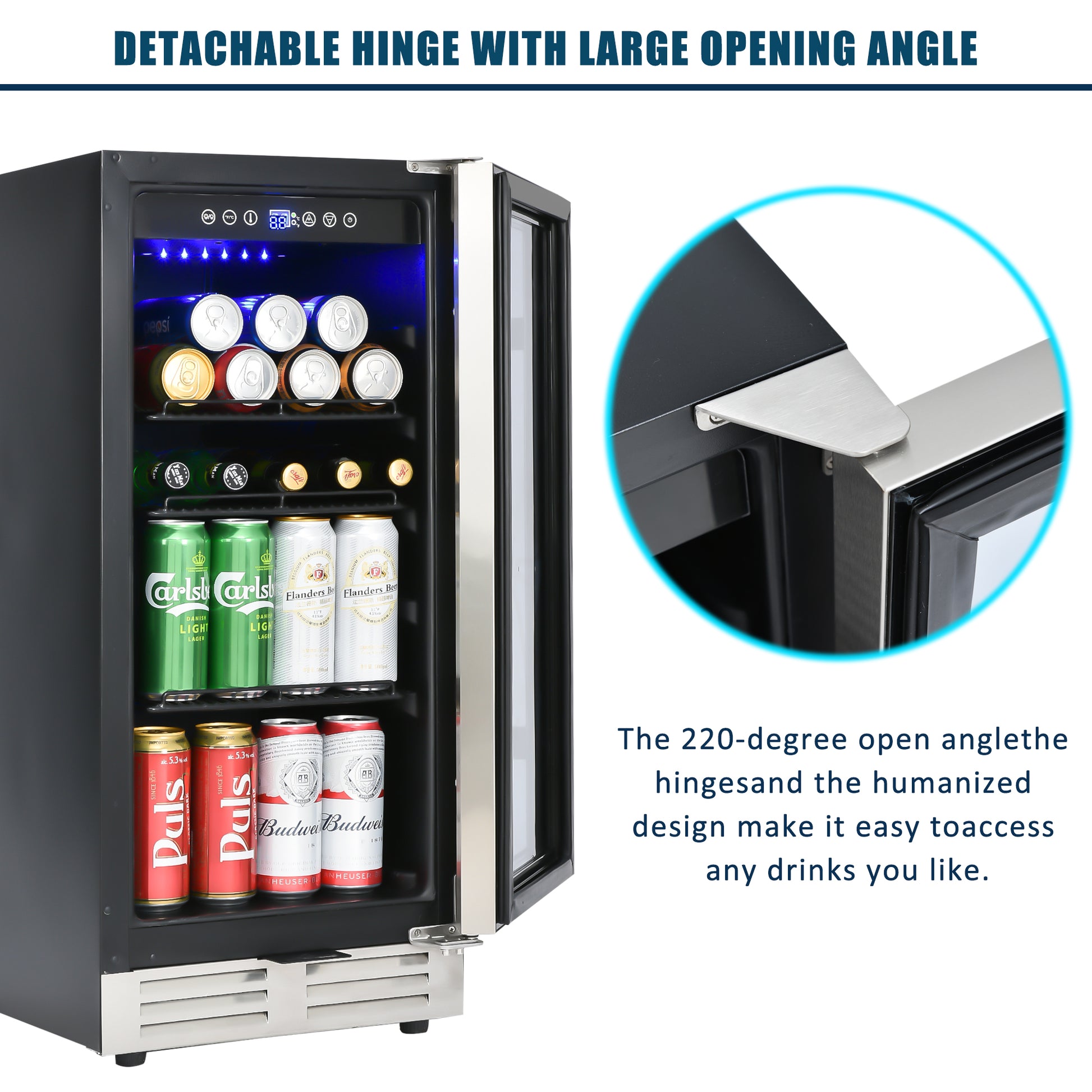 Built In And Freestanding 15" Mini Beverage Refrigerator Wine Cabinet, 120 Cans, 37 65 F, Quiet, Adjustable Shelves, Led Lighting, Etltouch Controls, Defrost, Double Glass Door, Kitchen Bar Office Black And Silver Steel Stainless Steel