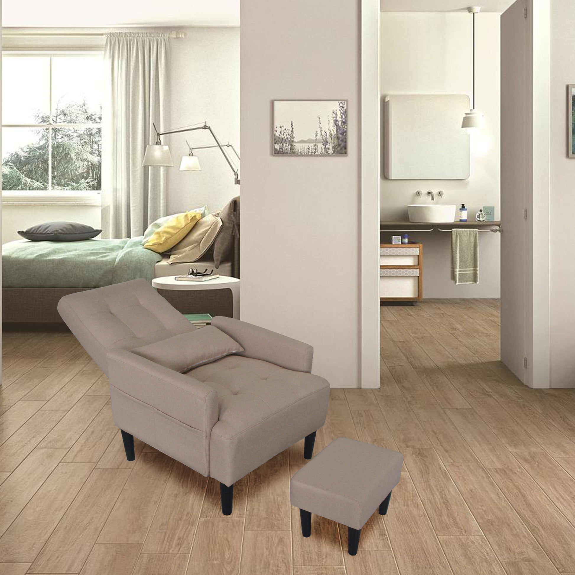 Redde Boo Brown Living Room Sofa Single Chair And Ottoman, Modern Multi Function Fabric Living Room Sofa Lounge Chair Bed And Stool.Soft Leisure Single Chair Adjustable Into 5 Angles With Sofa Bed Gray Modern Foam Fabric