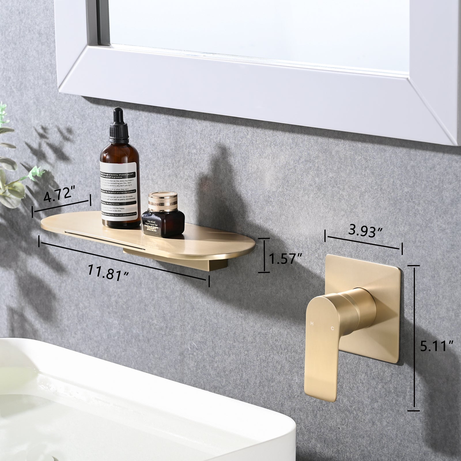 Single Handle Wall Mounted Bathroom Waterfall Sink Faucet Brushed Gold Stainless Steel