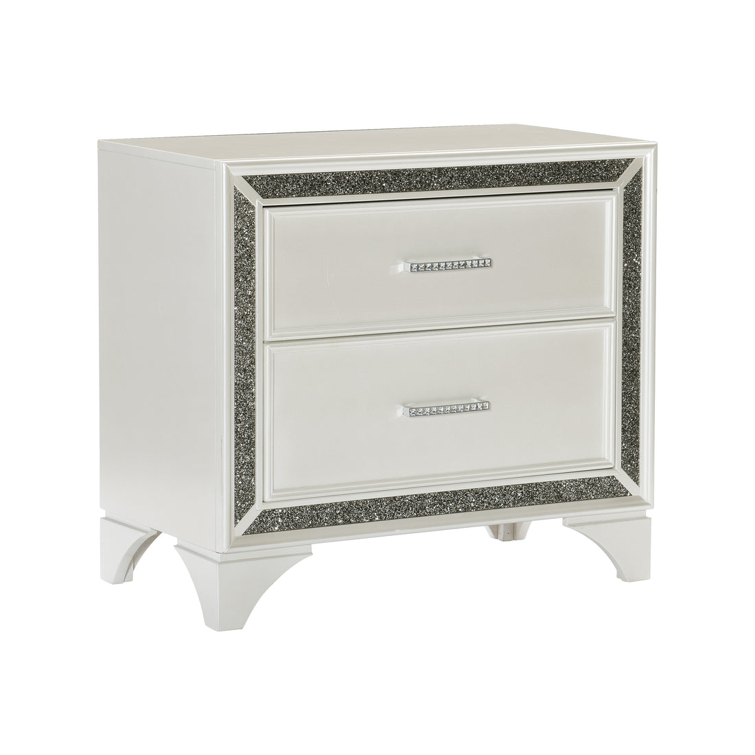 Glamourous Bedroom 1Pc Nightstand Pearl White Metallic Finish Silver Glitter Trim Wooden Furniture White 2 Drawers Bedroom Glam,Modern Wood