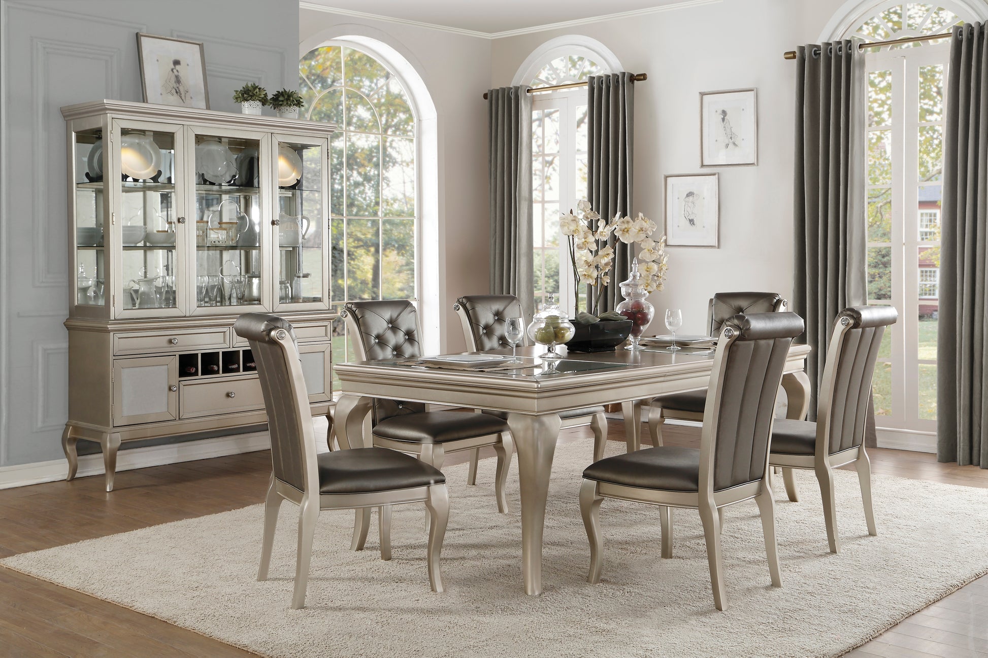 Modern Glam Silver Finish 7Pc Dining Set Table With Extension Leaf And 6 Side Chairs Crystal Button Tufted Traditional Style Dining Furniture Silver Grey Seats 6 Dining Room Extendable Glam,Modern,Traditional Rectangular Dining Table With Chair Wood