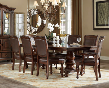 Traditional Style Dining Room Table W Leaf 2X Armchairs And 6X Side Chairs Dining 9Pc Set Brown Cherry Finish Upholstered Seat Wooden Furniture Wood Wood Brown Mix Seats 8 Wood Dining Room Extendable Traditional Double Pedestal Rectangular Dining Table