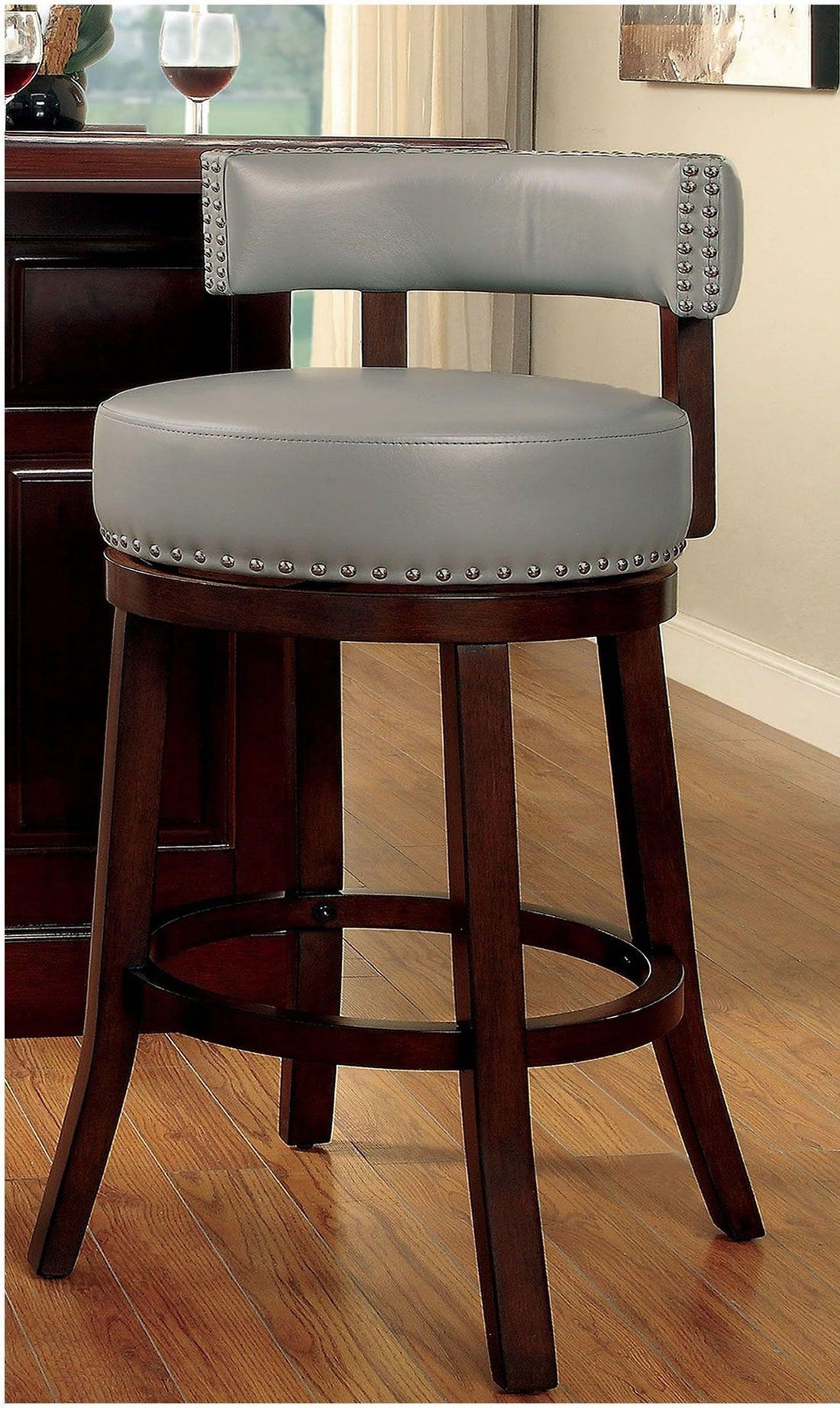 Sherly Set Of 2 Bar Stool 30" Swivel Stool Dark Oak Solid Wood Dark Graychairs Dining Room Dark Gray Brown Dining Room Transitional Bar Stools Rubberwood Solid Wood