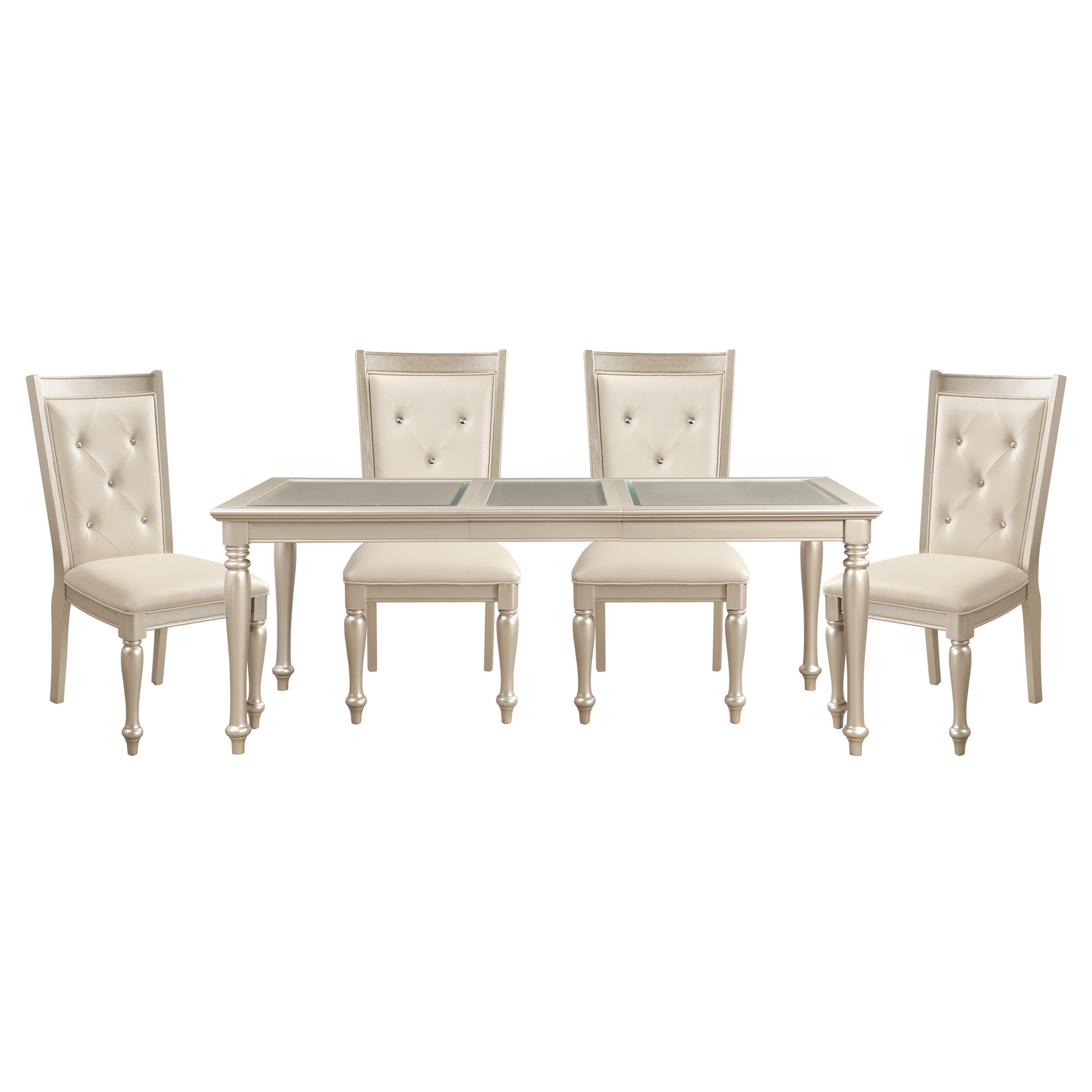 Traditional Design Formal Dining 5Pc Set Table W Extension Leaf And 6 Side Chairs Crystal Button Tufted Cushion Seat Silver Finish Furniture Silver Seats 4 Dining Room Extendable Glam,Modern,Traditional Rectangular Dining Table With Chair Wood