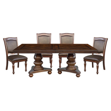 Traditional Style Dining Room Table W Leaf And 4X Side Chairs Dining 5Pc Set Brown Cherry Finish Upholstered Seat Wooden Furniture Wood Wood Brown Mix Seats 4 Wood Dining Room Extendable Traditional Double Pedestal Rectangular Dining Table With Chair