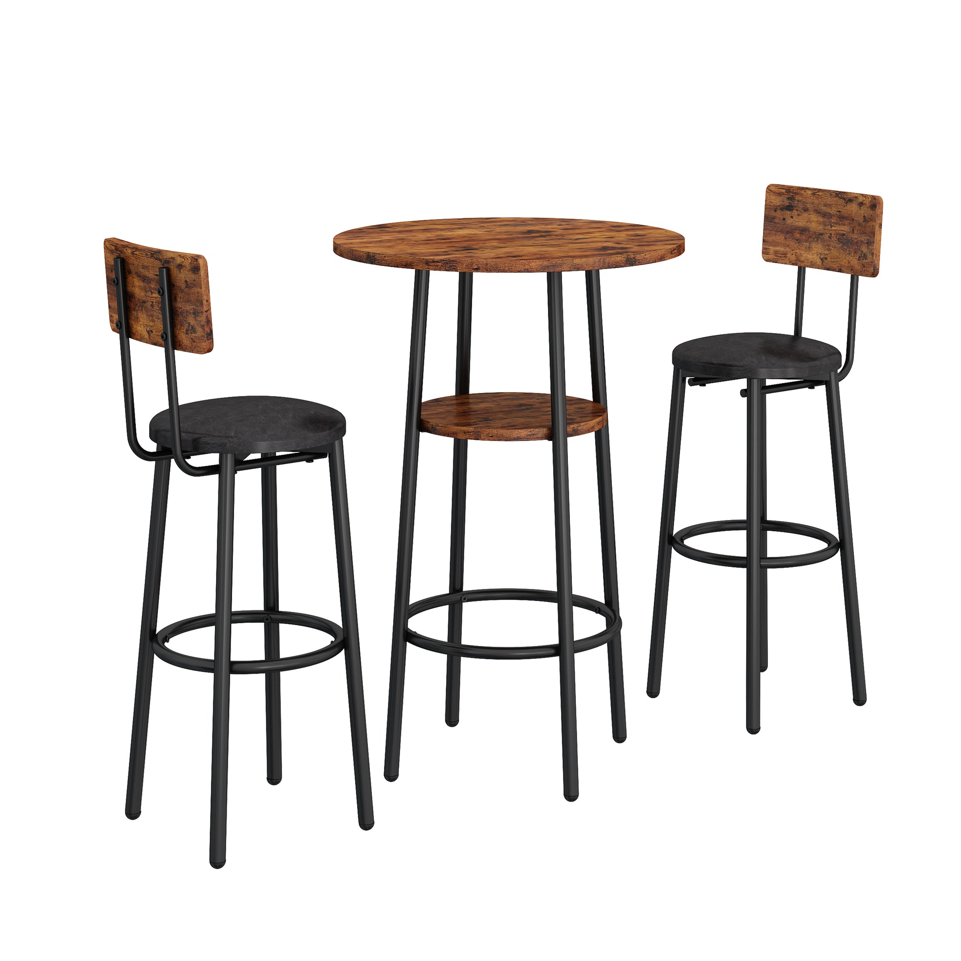 Round Bar Stool Set With Shelf, Upholstered Stool With Backrest, Rustic Brown, 23.62'' W X 23.62'' D X 35.43'' H Rustic Brown Particle Board