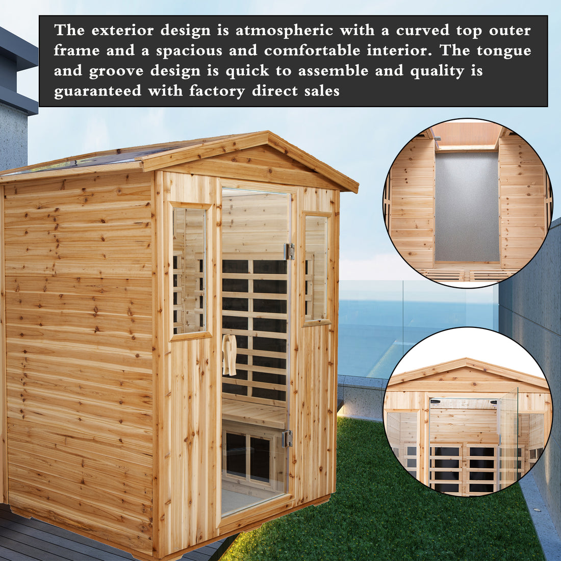 Four Person Old Fir Far Infrared Outdoor Sauna Room Natural Wood Wood Stainless Steel Glass