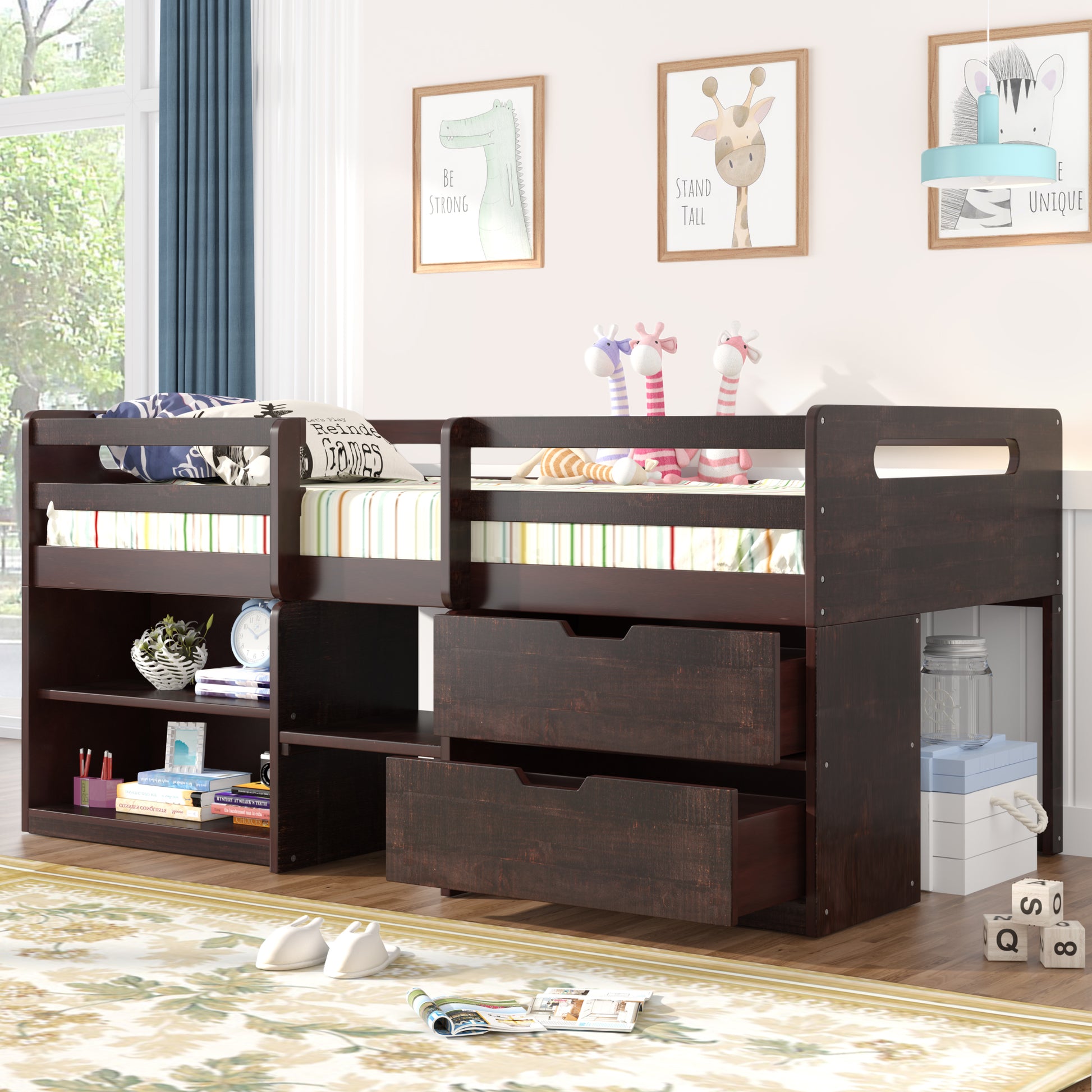 Twin Size Loft Bed With Two Shelves And Two Drawers Antique Espresso Antique Espresso Solid Wood