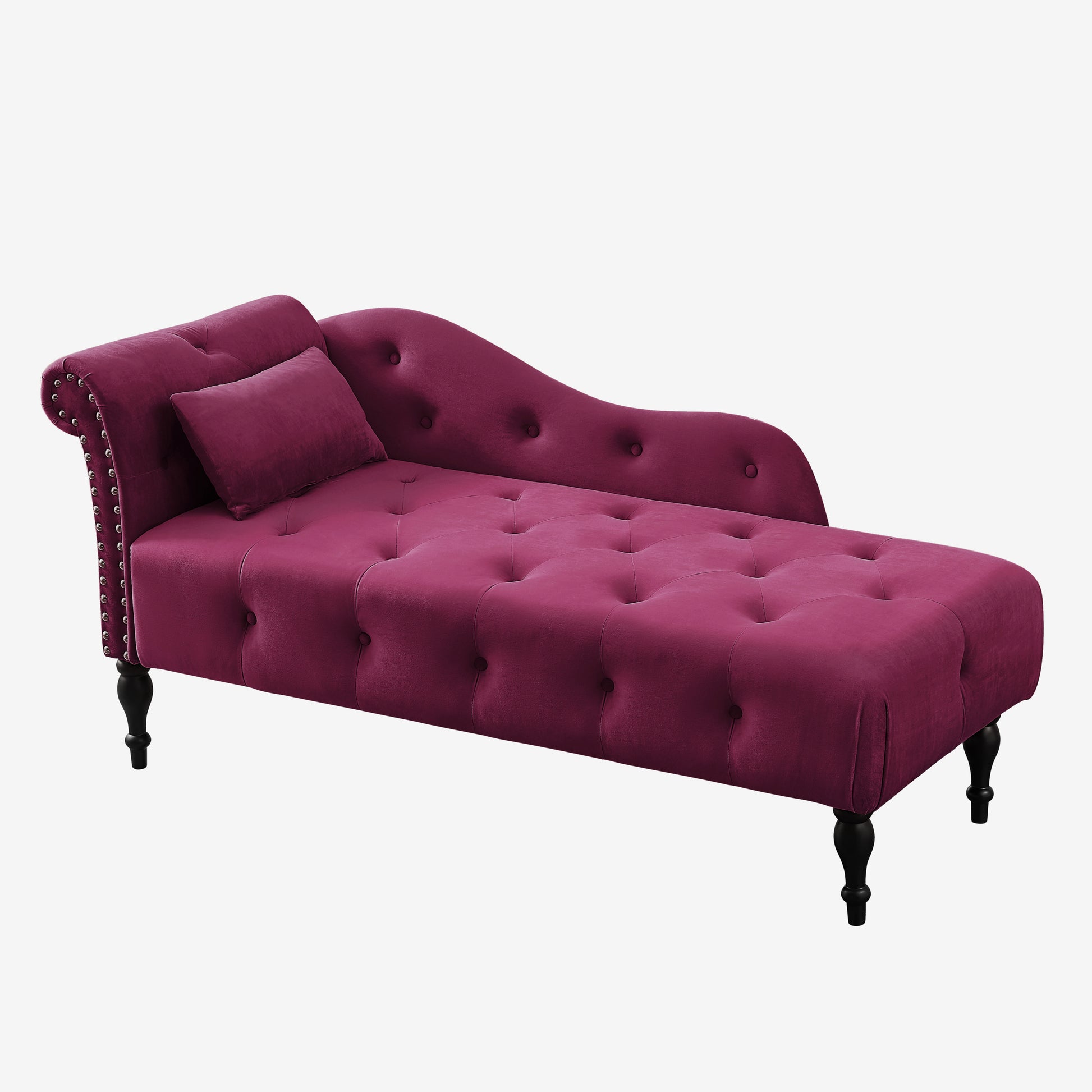 Aijia 60.6" Velvet Chaise Lounge Buttons Tufted Trimmed Solid Wood Legs With 1 Pillow,Burdy Left Arm Design As Shown In The Picture Burgundy Velvet