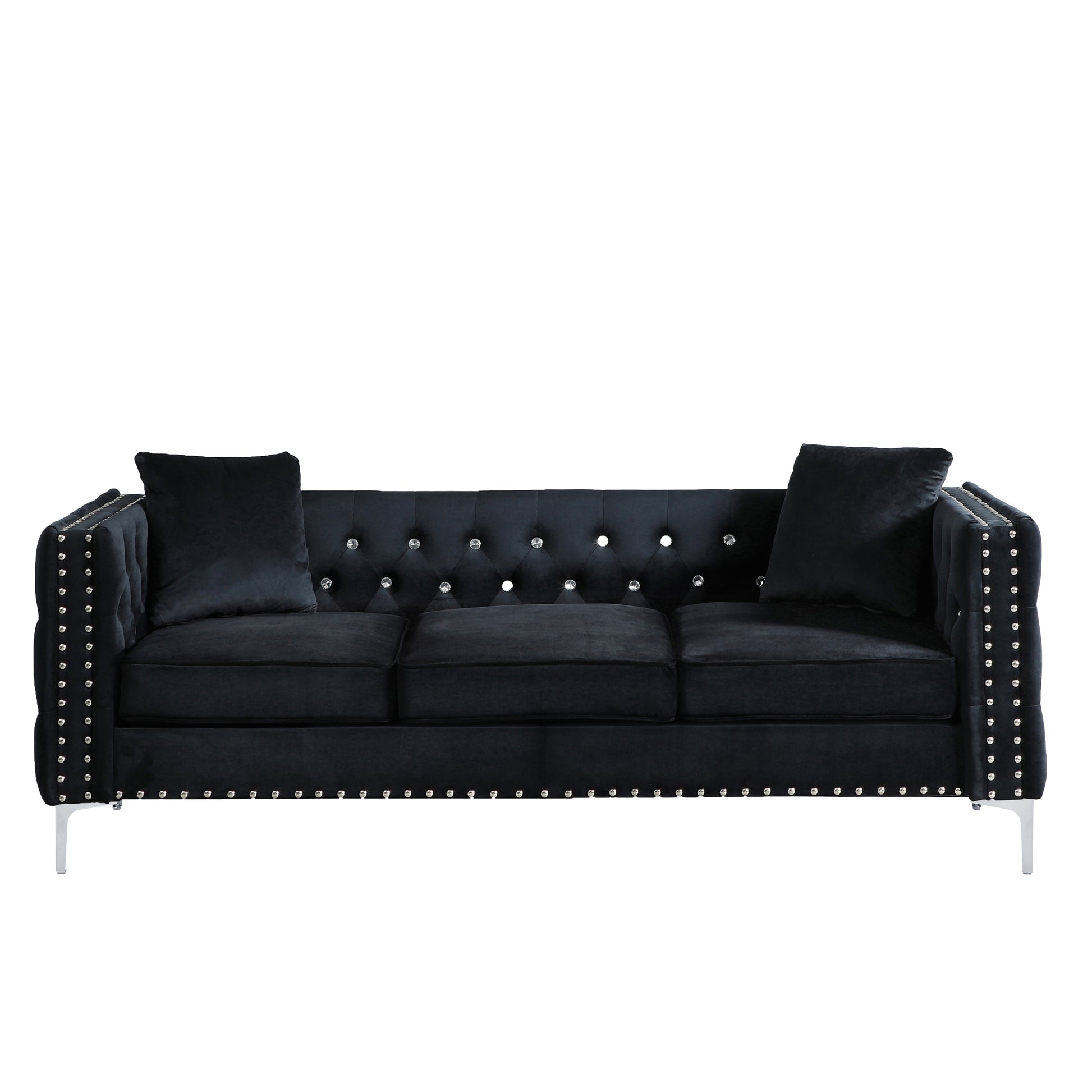 82.3" Width Modern Velvet Sofa Jeweled Buttons Tufted Square Arm Couch Black,2 Pillows Included Black Velvet