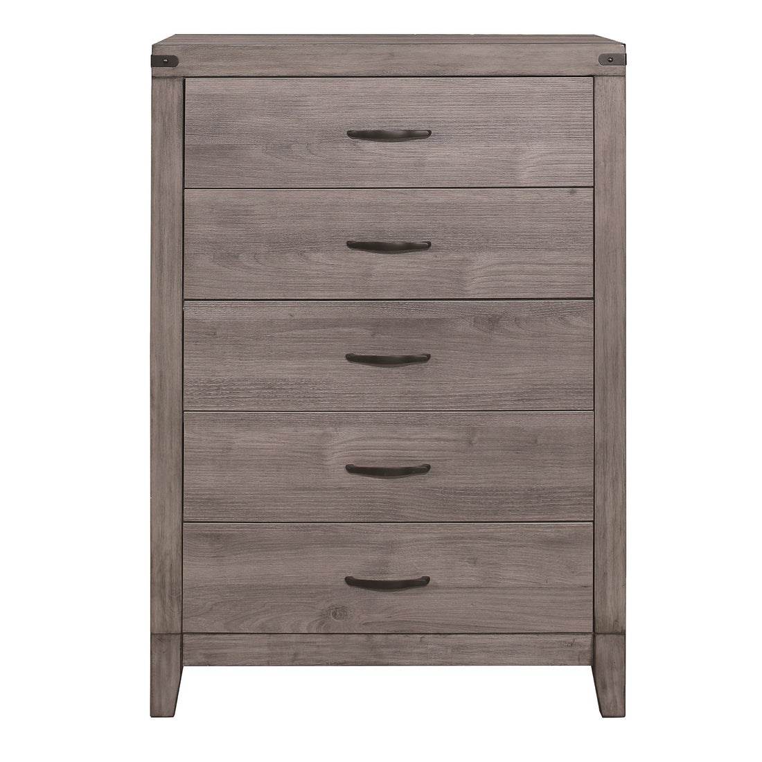 Brownish Gray Finish 1Pc Bedroom Chest Of 5 Drawers Melamine Laminate Dark Metal Hardware Corner Rivets Brown Gray Bedroom Wood