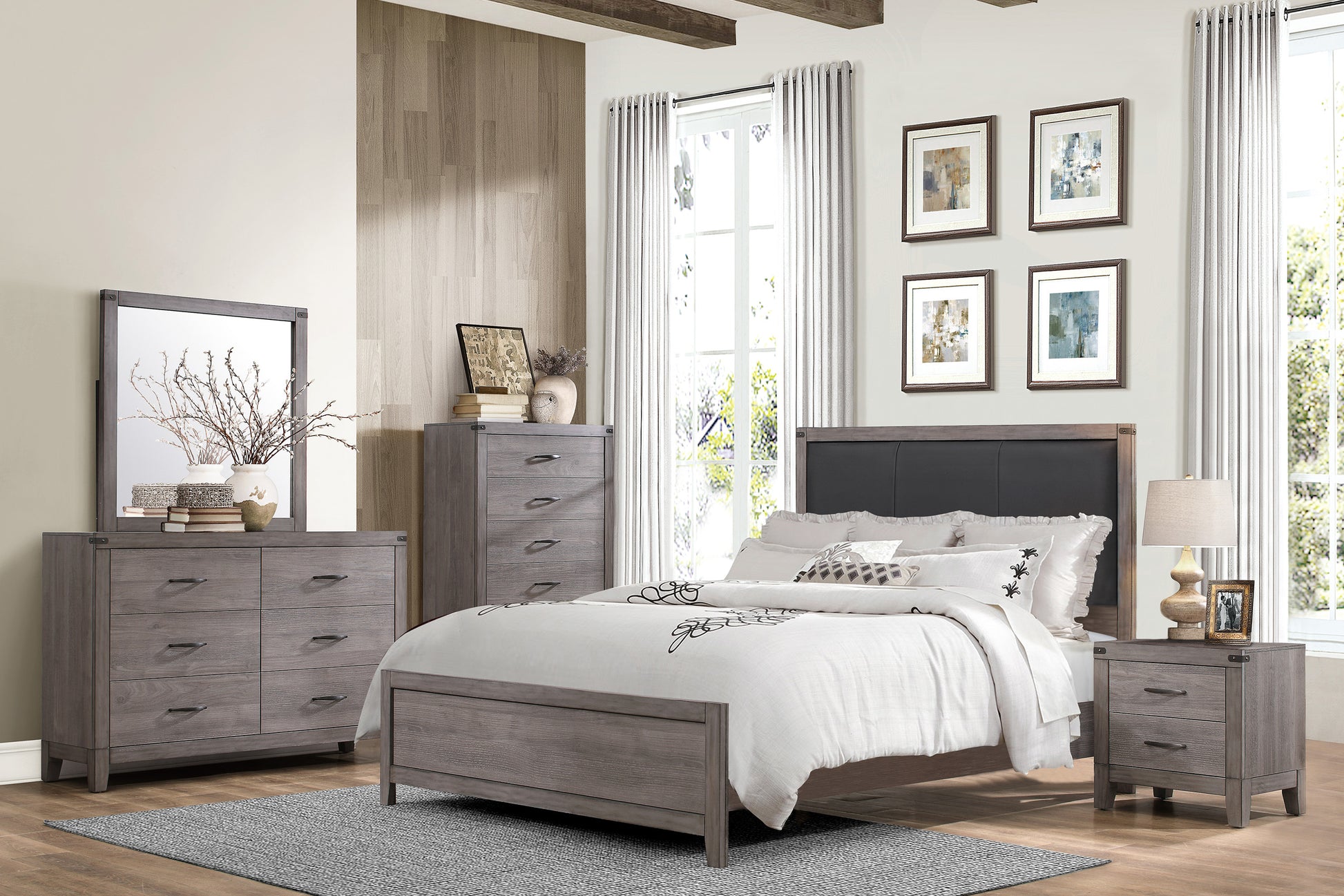 Brownish Gray Finish 1Pc Bedroom Chest Of 5 Drawers Melamine Laminate Dark Metal Hardware Corner Rivets Brown Gray Bedroom Wood