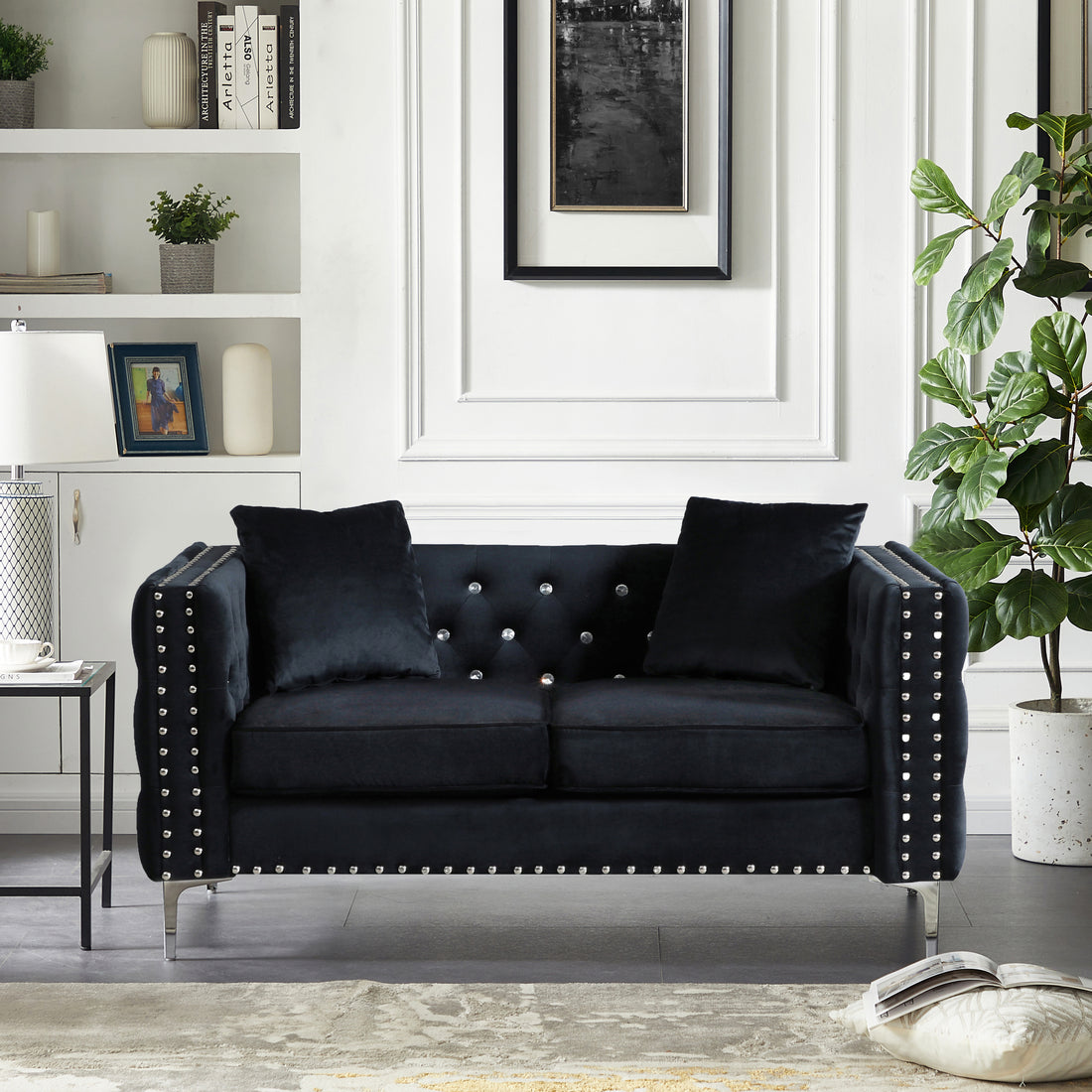 59.4 Inch Wide Black Velvet Sofa With Jeweled Buttons,Square Arm ,2 Pillows Black Velvet