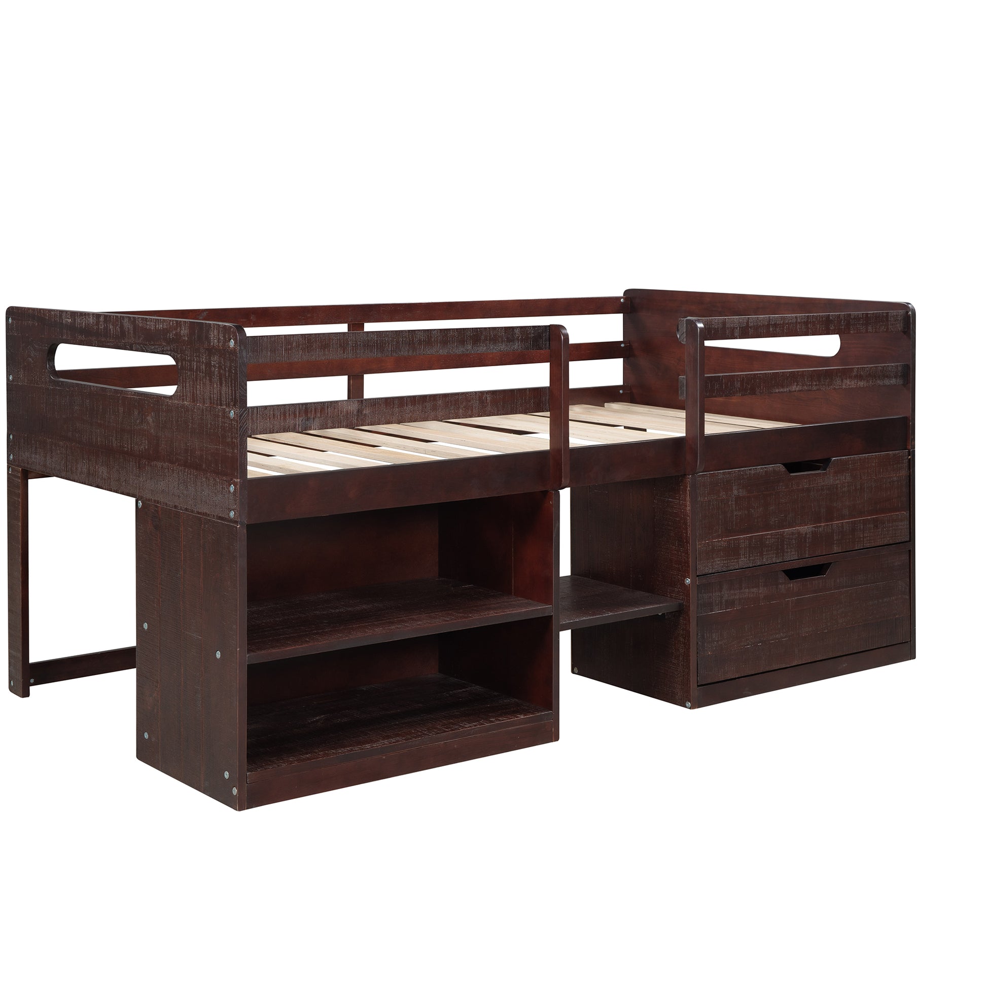 Twin Size Loft Bed With Two Shelves And Two Drawers Antique Espresso Antique Espresso Solid Wood