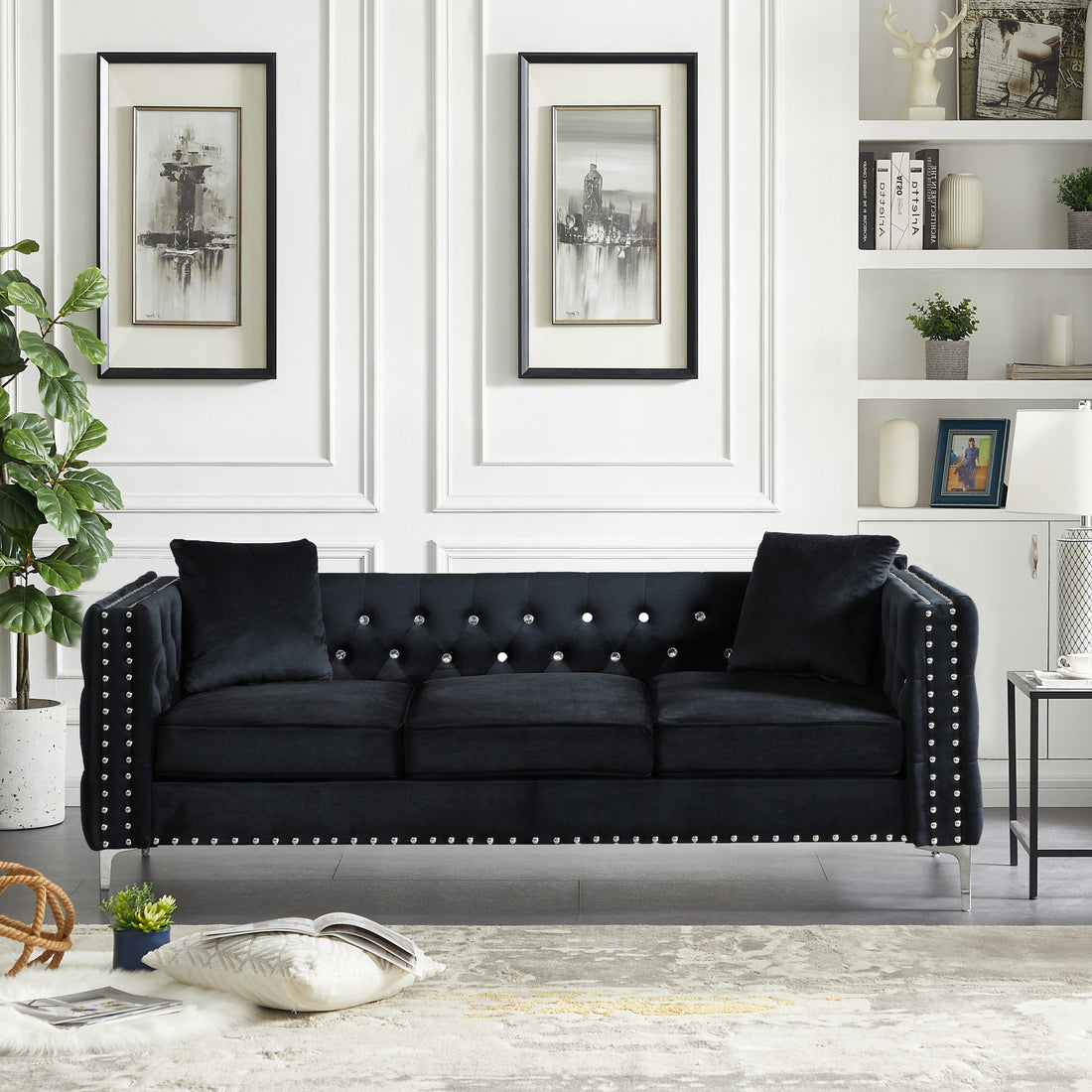 82.3" Width Modern Velvet Sofa Jeweled Buttons Tufted Square Arm Couch Black,2 Pillows Included Black Velvet