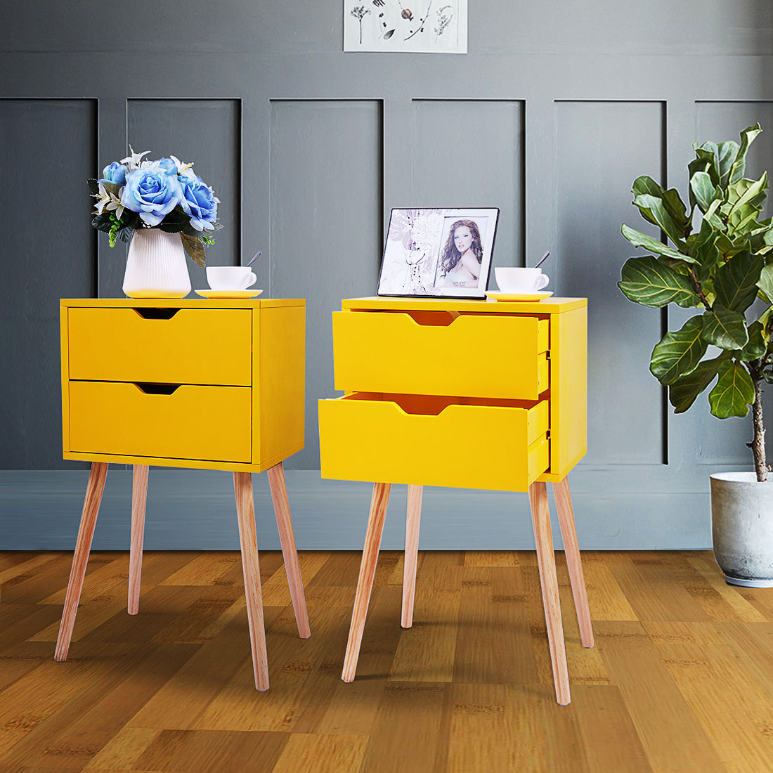 Mid Century Nightstand with 2 Sliding Drawers,