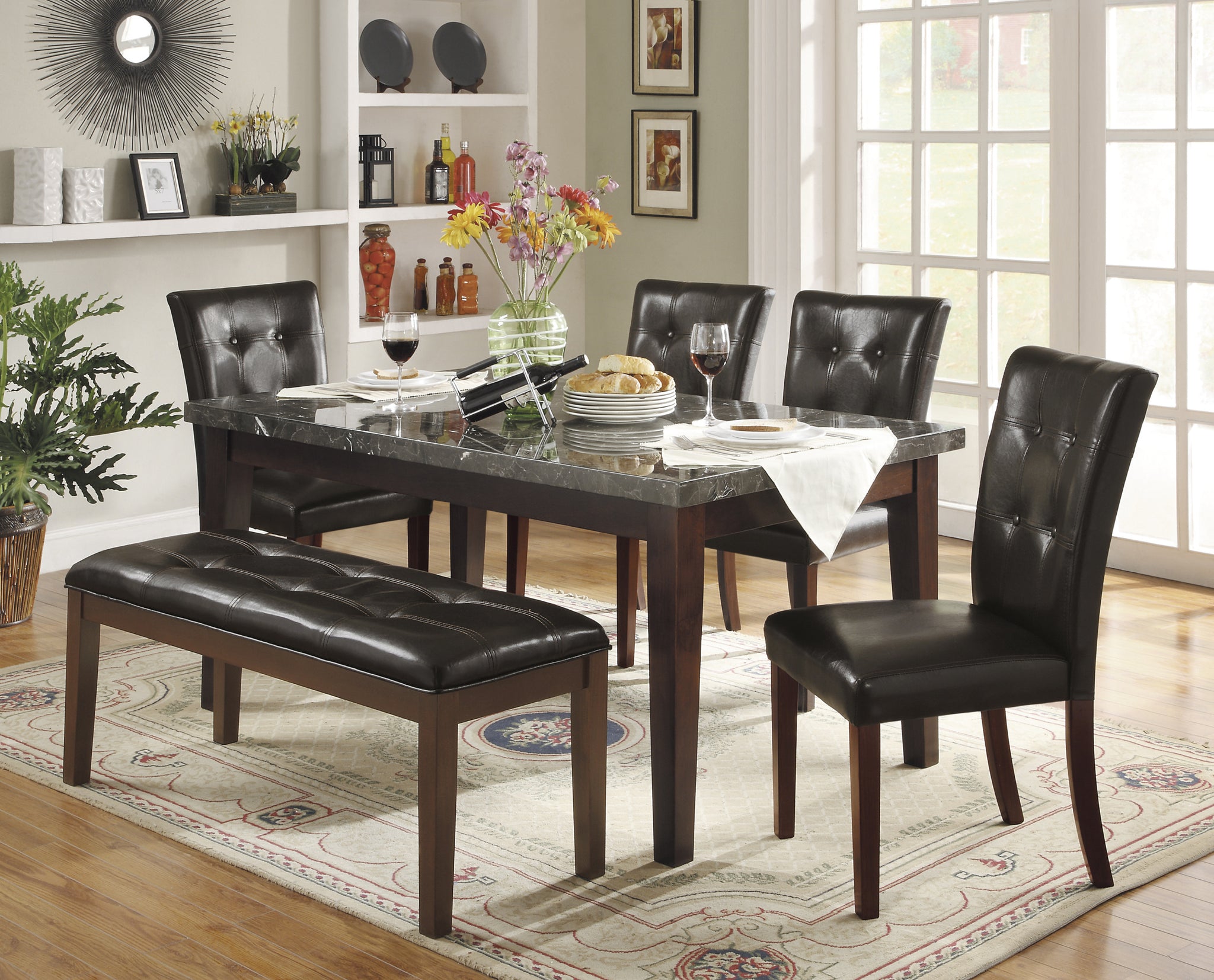 Dark Cherry Finish Wooden 6Pc Dining Set Marble Top Table With 4 Side Chairs Bench Seating Dark Brown Faux Leather Upholstered Dining Kitchen Furniture Set Wood Marble Dark Brown Seats 6 Wood Dining Room Classic,Transitional 4 Leg Rectangular Dining