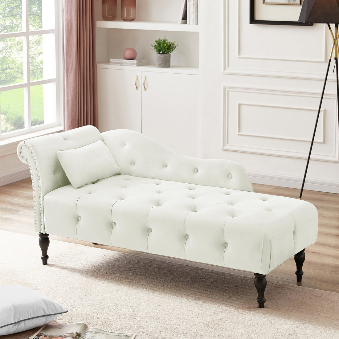 Aijia 60.6" Velvet Chaise Lounge Buttons Tufted Trimmed Solid Wood Legs With 1 Pillow,White Left Arm Design As Shown In The Picture White Velvet