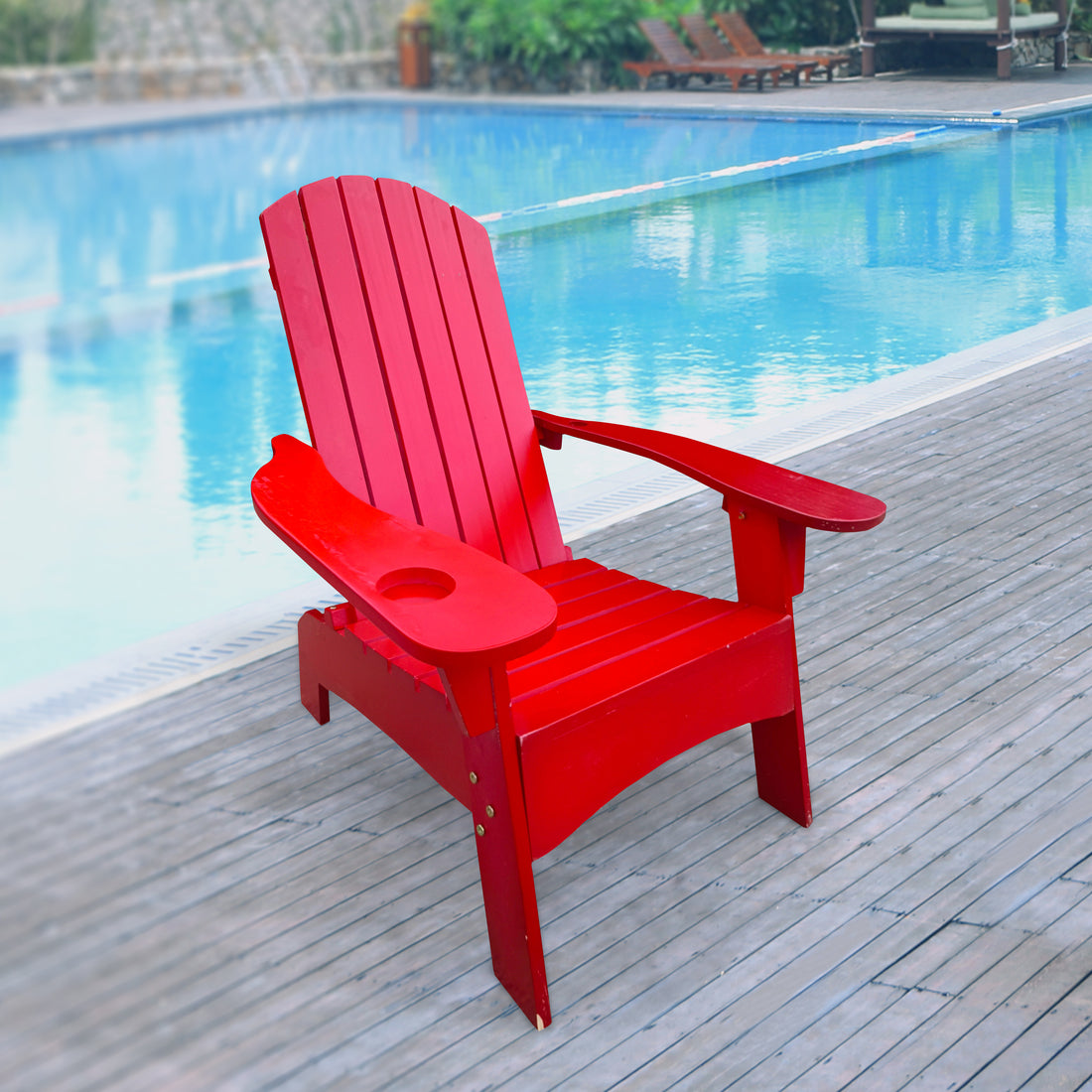 Outdoor Or Indoor Wood Adirondack Chair With An Hole To Hold Umbrella On The Arm ,Red Red Solid Wood