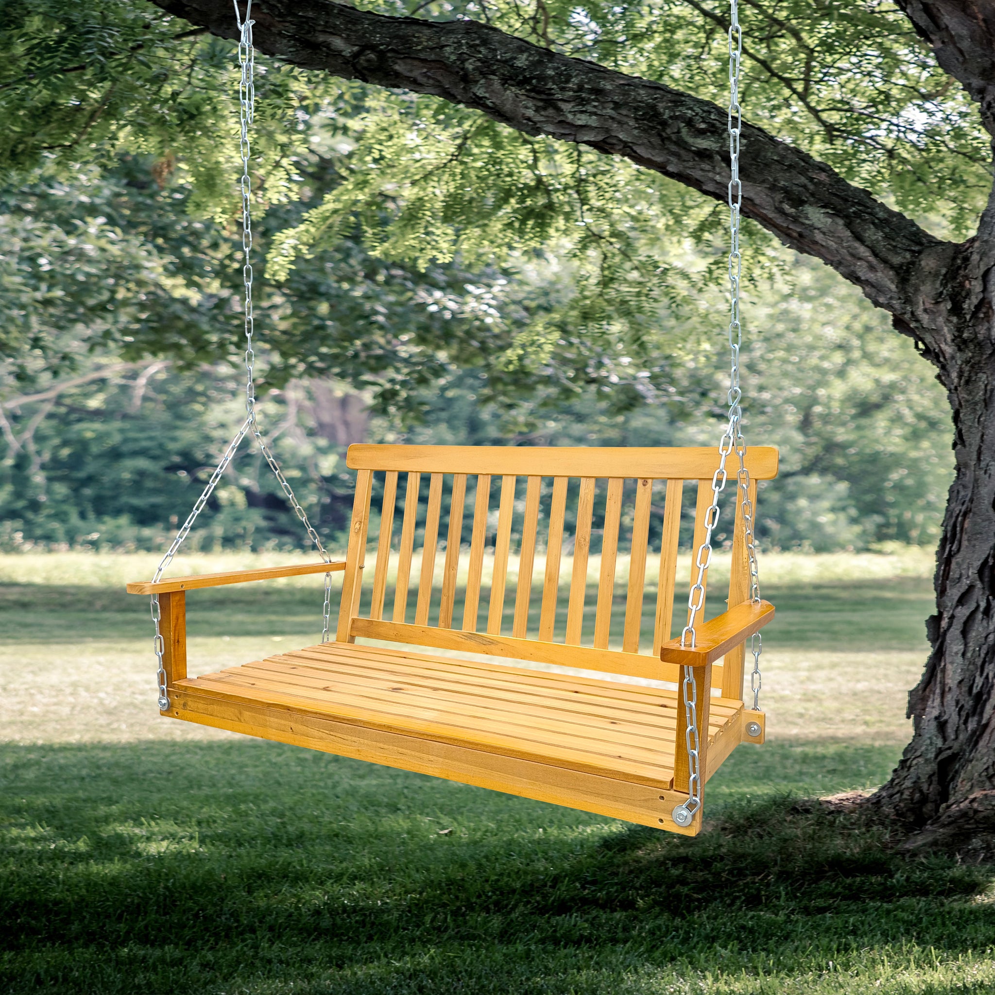 Front Porch Swing With Armrests, Wood Bench Swing With Hanging Chains,