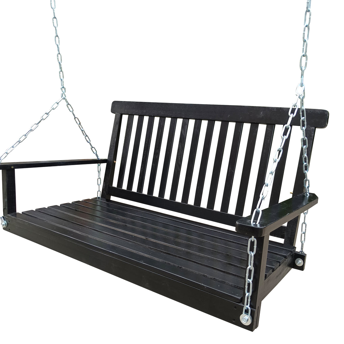 Front Porch Swing With Armrests, Wood Bench Swing With Hanging Chains,For Outdoor Patio ,Garden Yard, Porch, Backyard, Or Sunroom,Easy To Assemble,Black Black Solid Wood