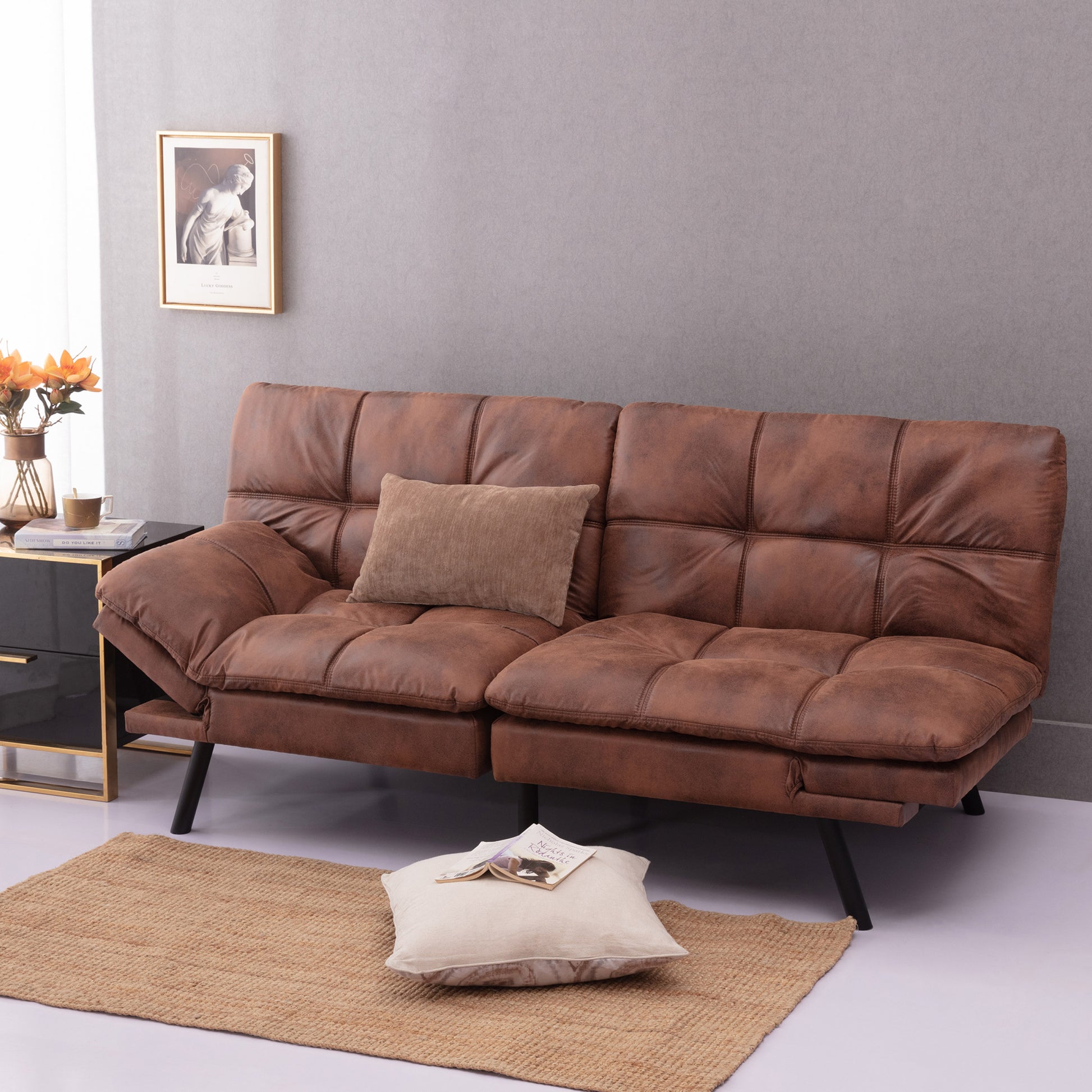 Convertible Memory Foam Futon Couch Bed, Modern Folding Sleeper Sofa Sf267Puch Brown Pu