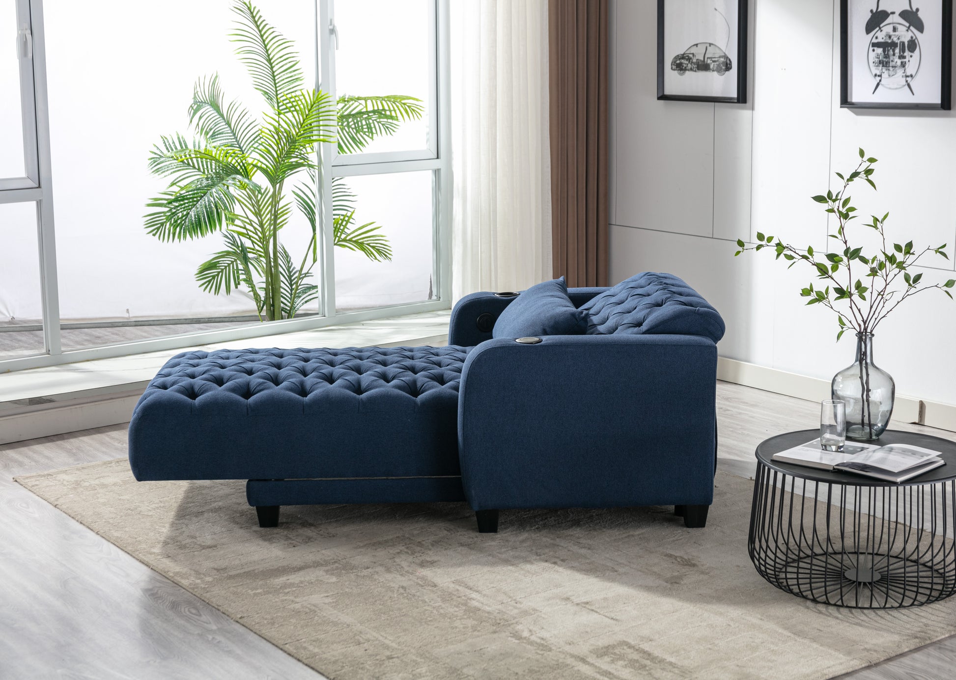 Coolmore Multifunctional Living Room Leisure Chaise Lounge Barry Tufted Comfy Armchair Wireless Charging, Smooth Reclining Backrest & Lumbar Pillow For Home Apartment Navy Linen Navy Foam Linen